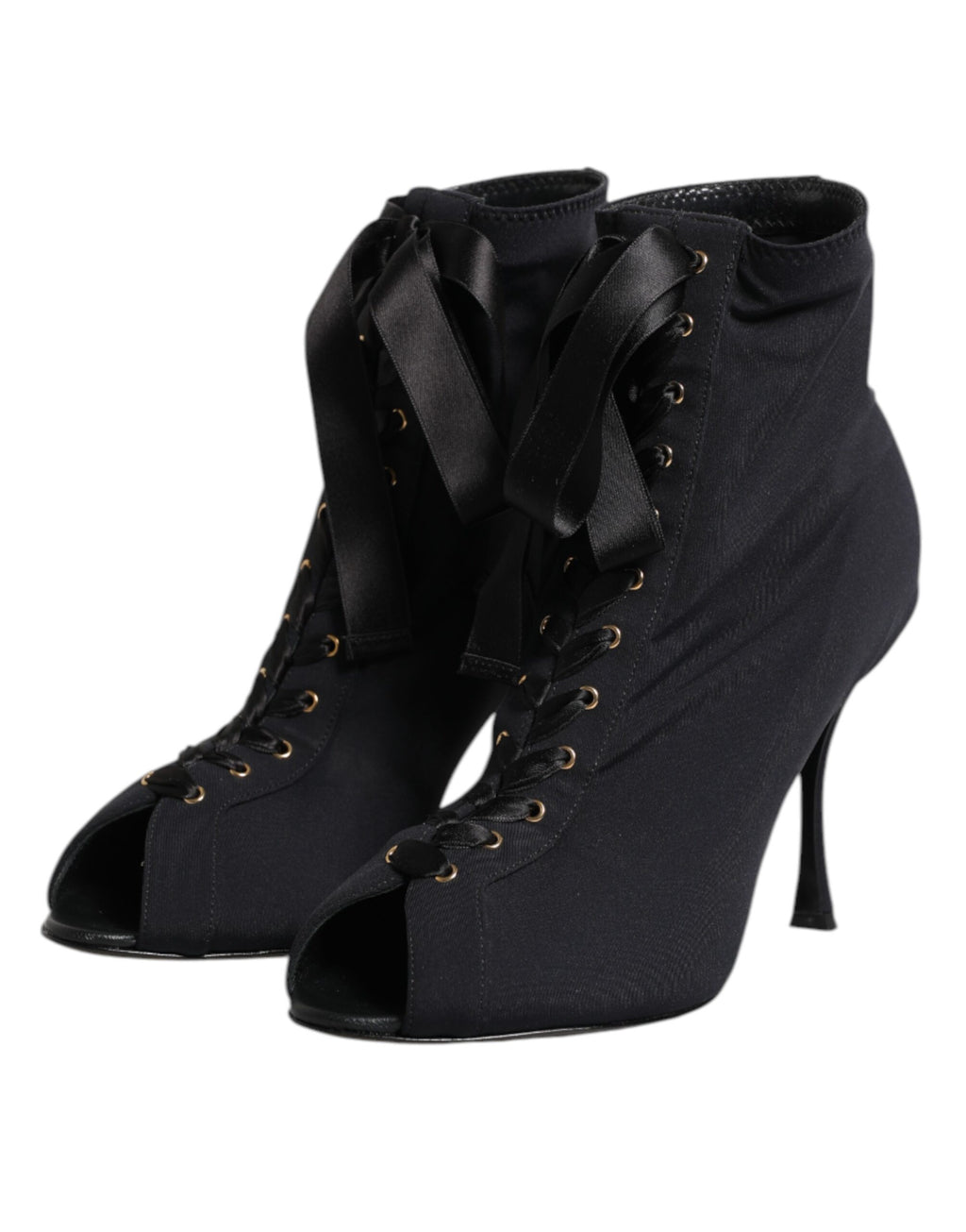 Chaussures Dolce & Gabbana, bottines noires à talons aiguilles et lacets, en cuir élégant et sophistiqué.