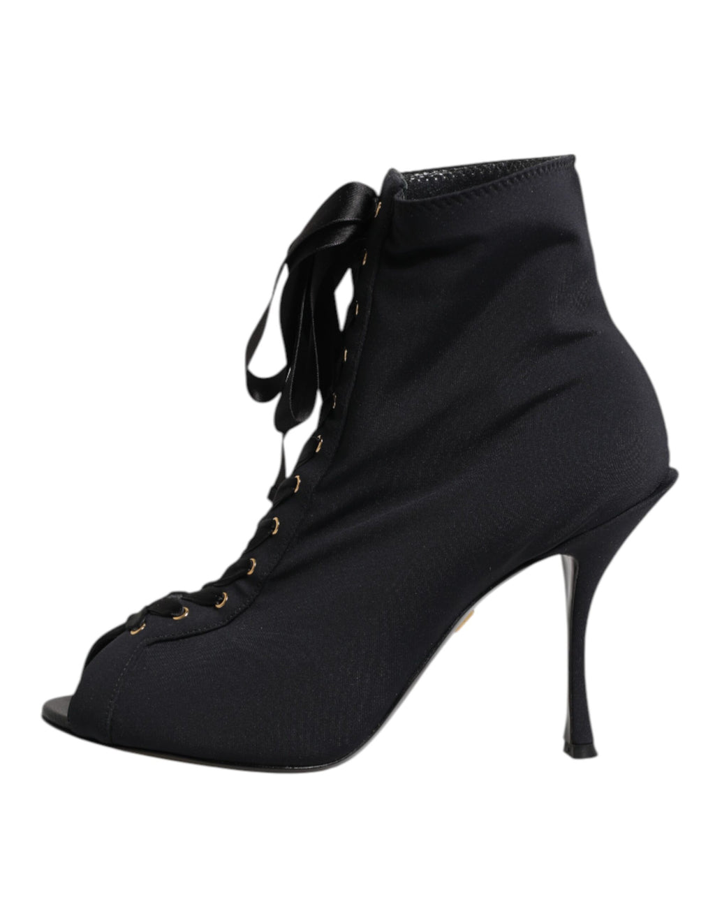 Chaussures Dolce & Gabbana, bottines noires à talons aiguilles en dentelle avec laçage, élégantes et sophistiquées.