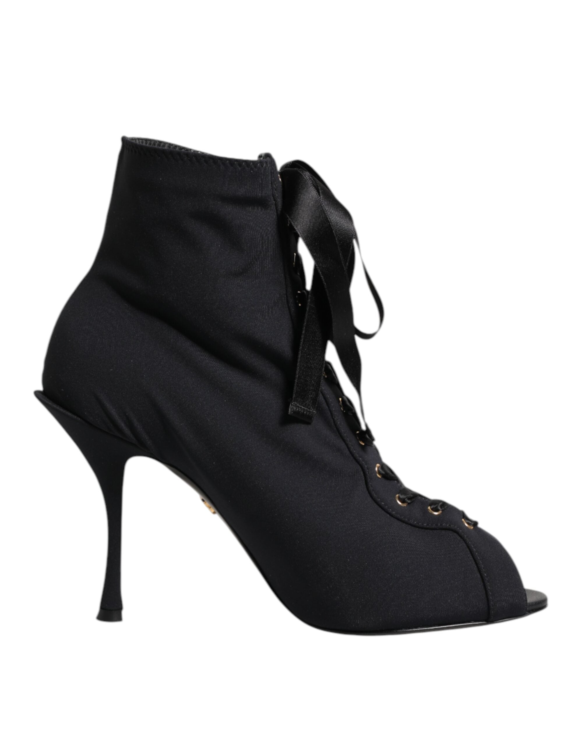 Chaussures Dolce & Gabbana, bottines noires à talons stilettos et lacets, en cuir élégant et sophistiqué.