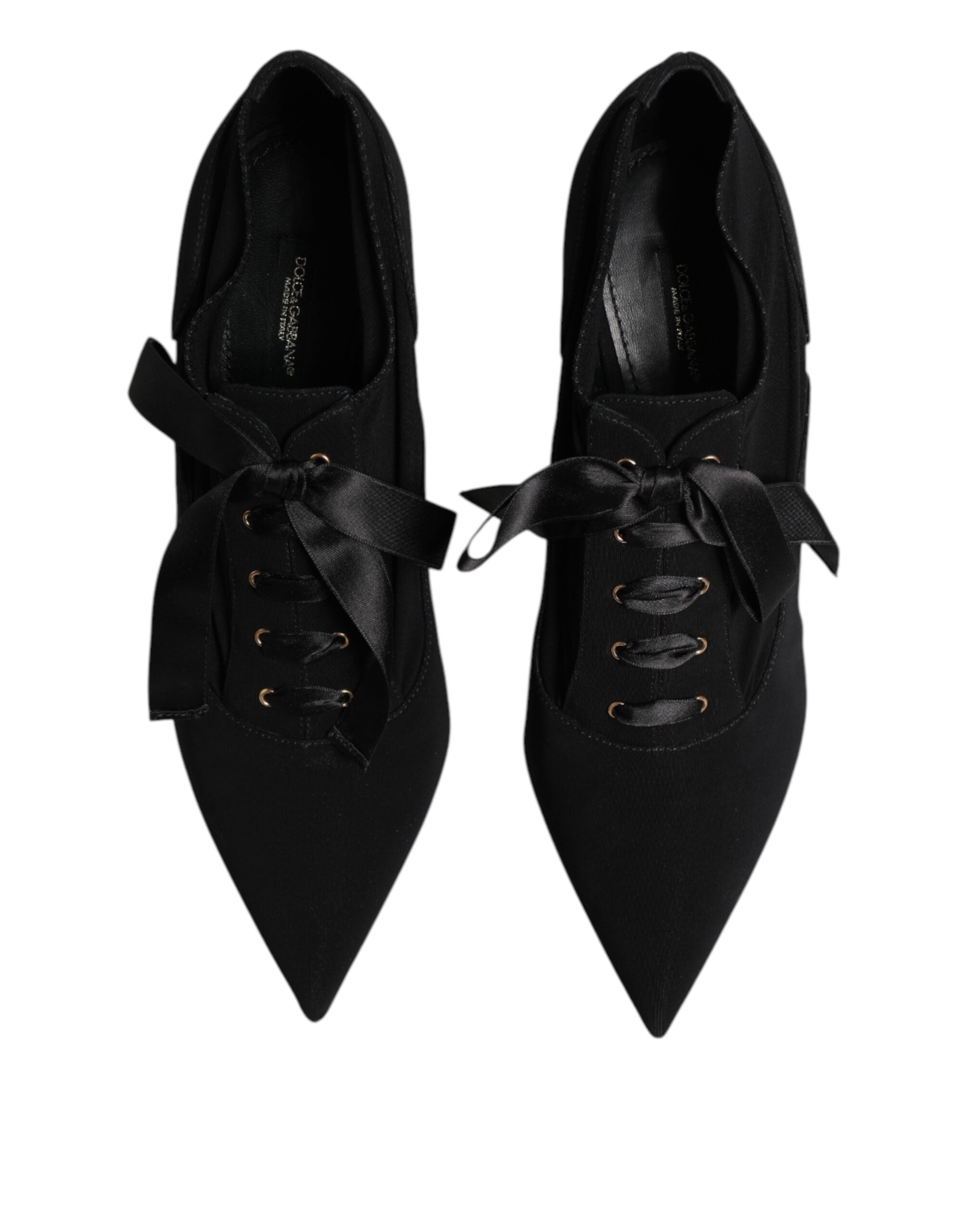 Escarpins à talons aiguilles Dolce & Gabbana en dentelle noire avec laçage élégant, vue de côté.