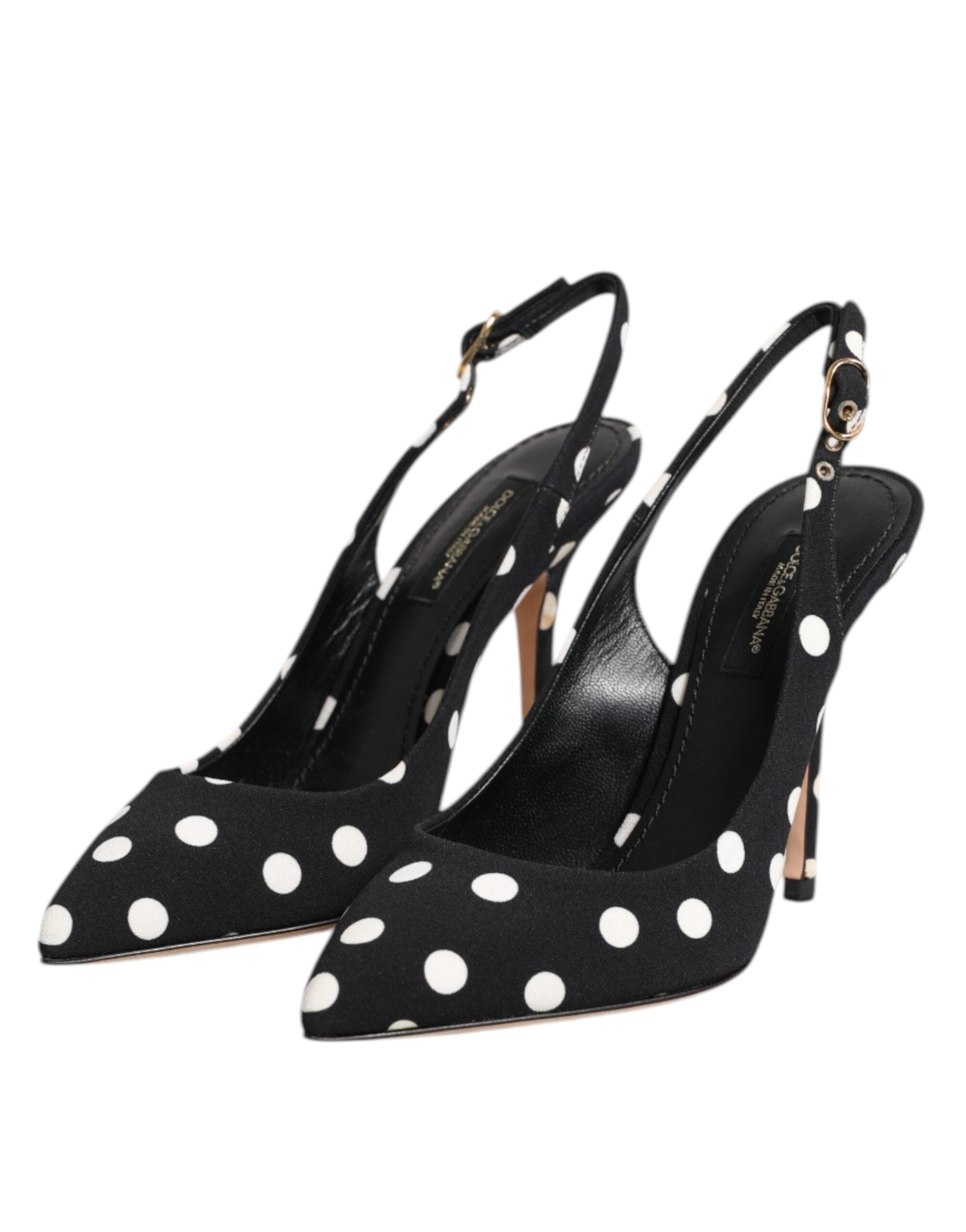Chaussures stilettos à talons aiguilles Dolce & Gabbana noires et blanches à pois, sandales à talon slingback élégantes