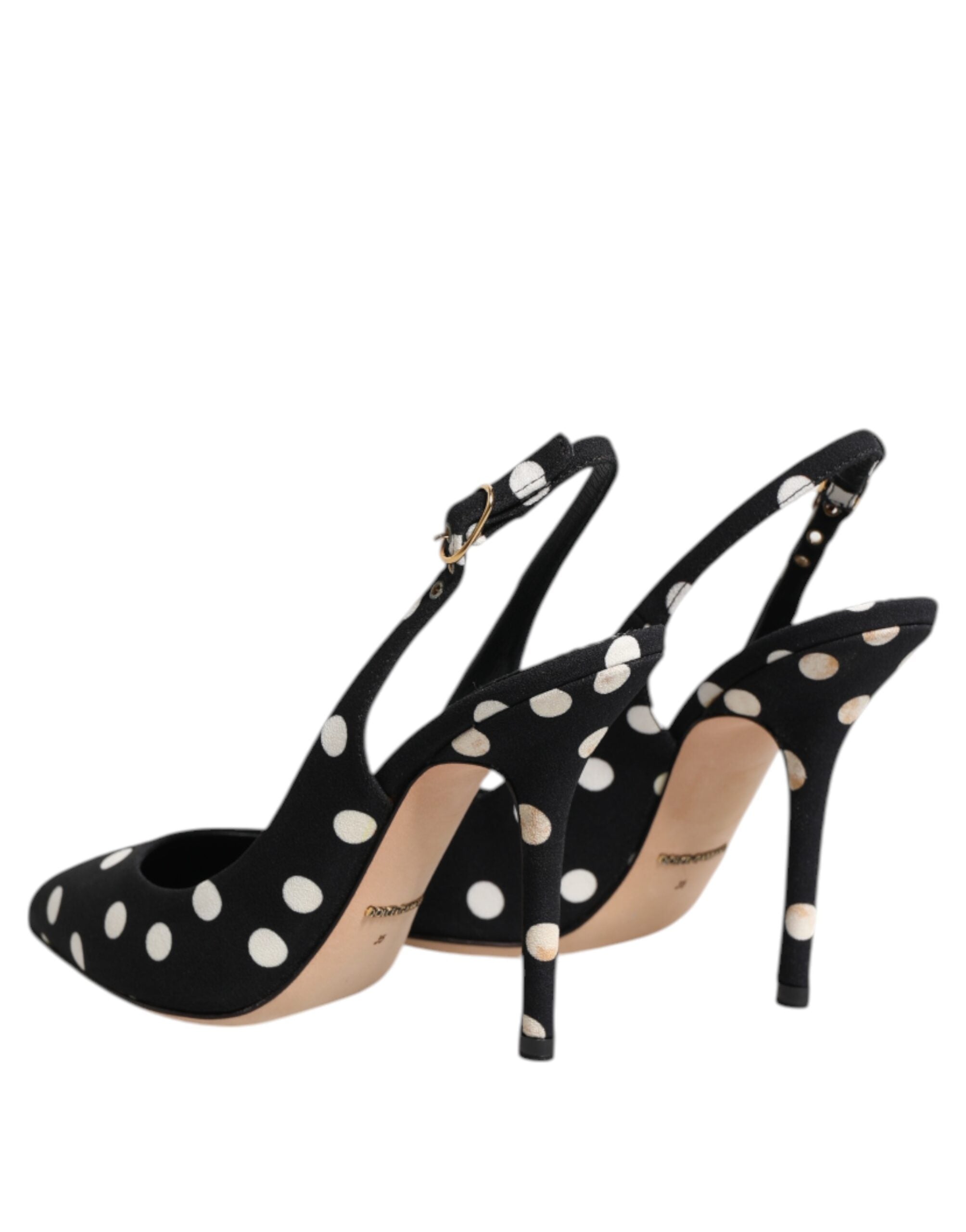 Chaussures stilettos Dolce & Gabbana noires et blanches à pois, slingback élégantes en cuir.