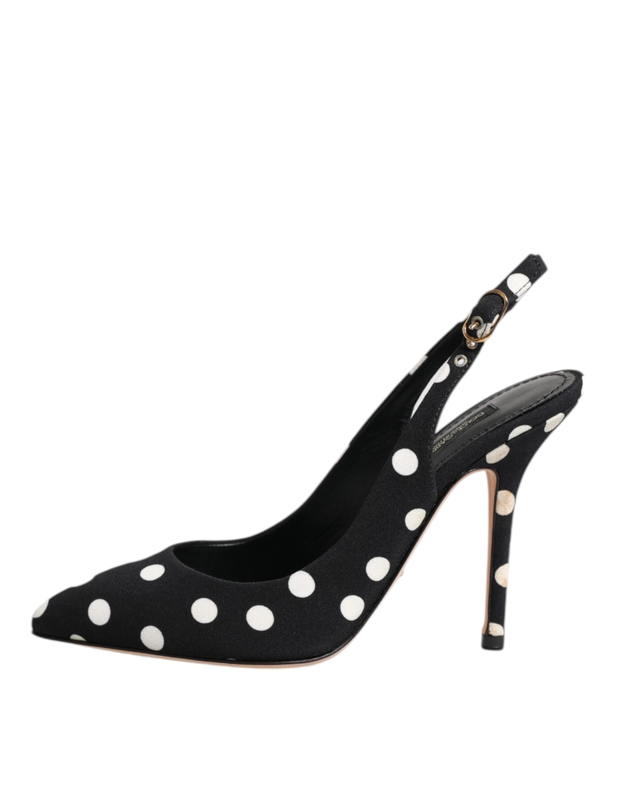 Chaussures à talons stilettos Dolce & Gabbana noires et blanches à pois avec bride arrière et semelle élégante.