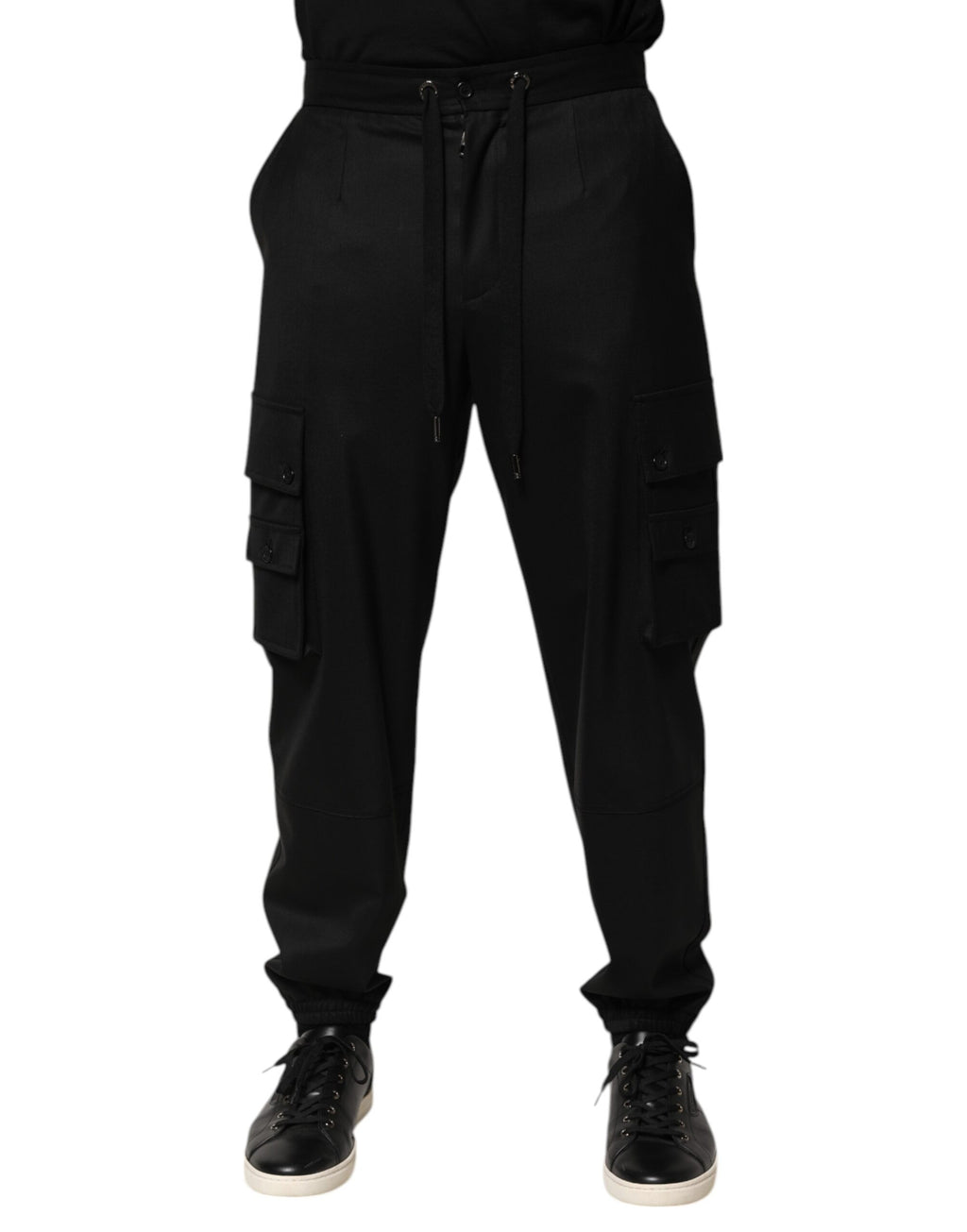 Pantalon de jogging cargo noir Dolce & Gabbana pour homme, style décontracté avec poches latérales en tissu doux.