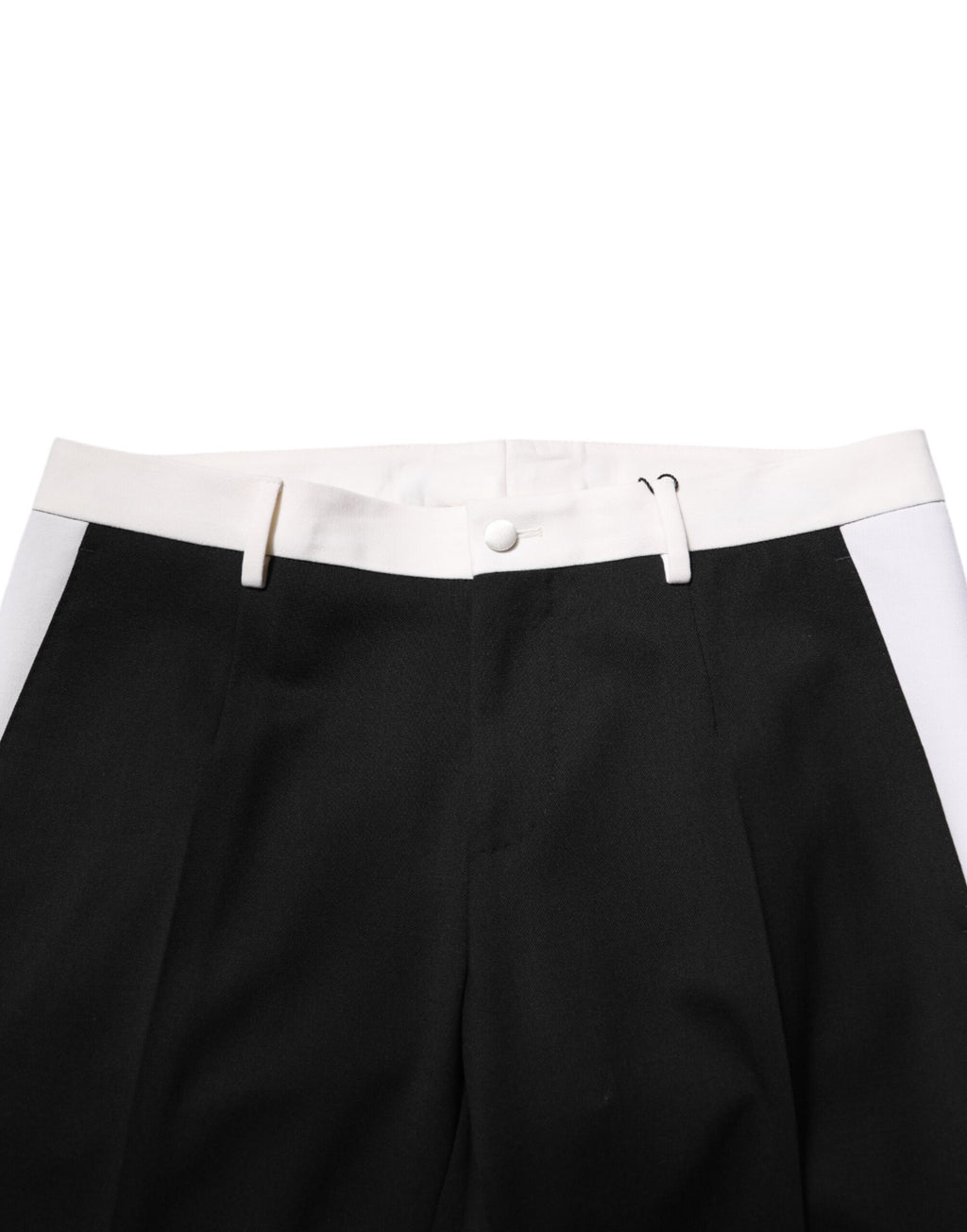 Pantalon homme Dolce & Gabbana en laine à rayures noires et blanches, style élégant et moderne.