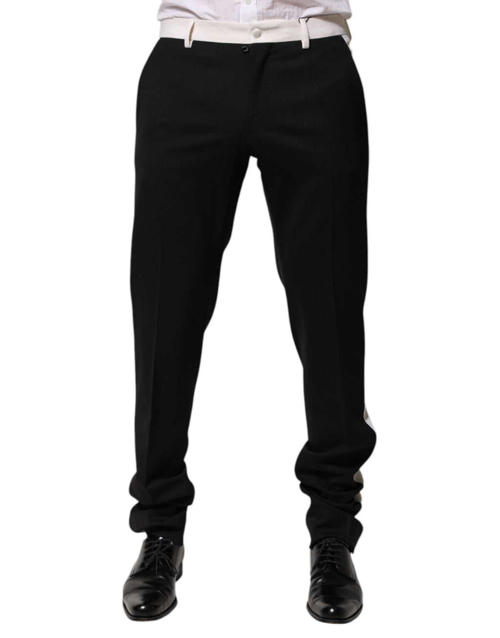 Pantalon homme Dolce & Gabbana en laine à rayures noires et blanches, style élégant et classique.