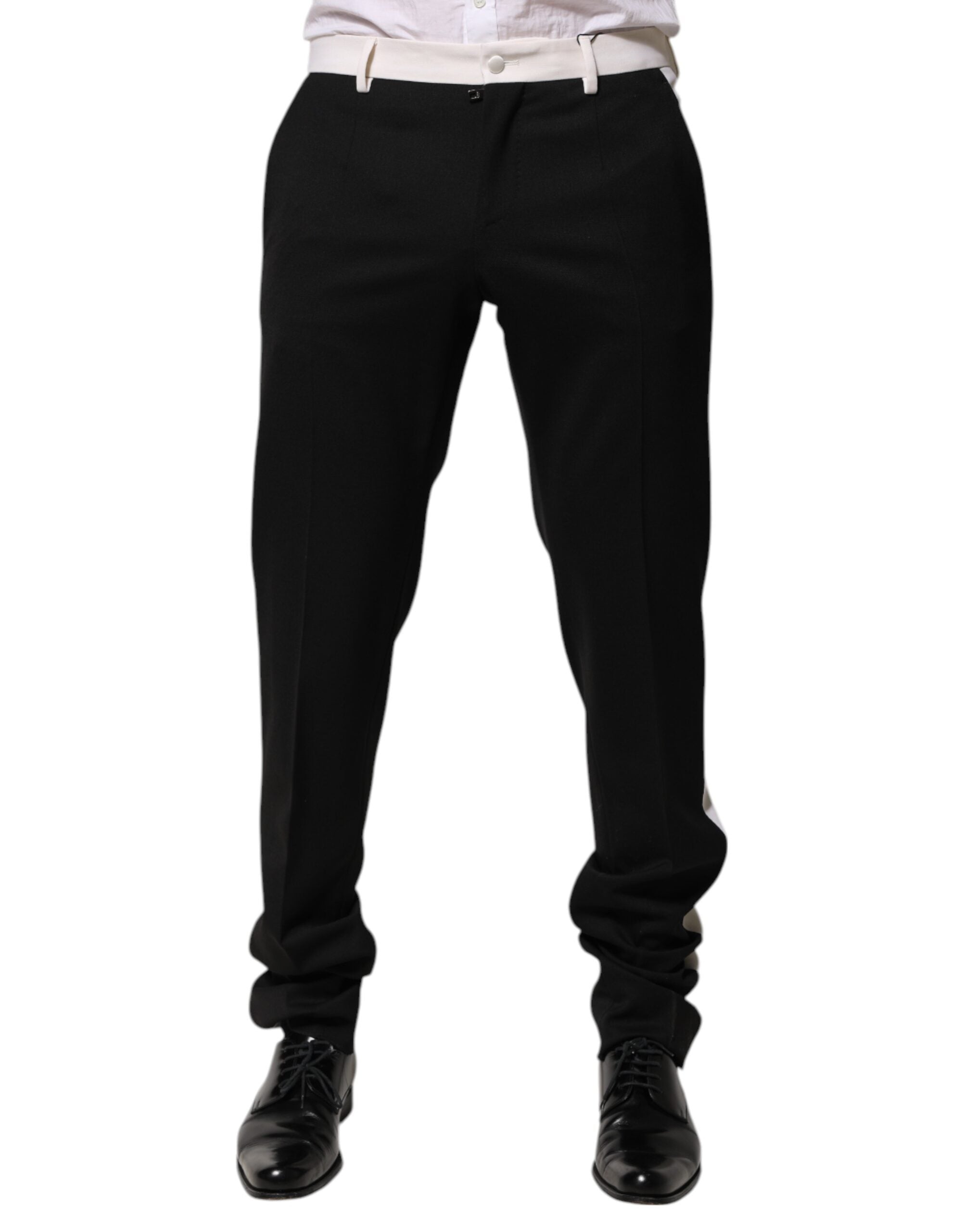 Pantalon homme Dolce & Gabbana en laine à rayures noires et blanches, style élégant et classique.