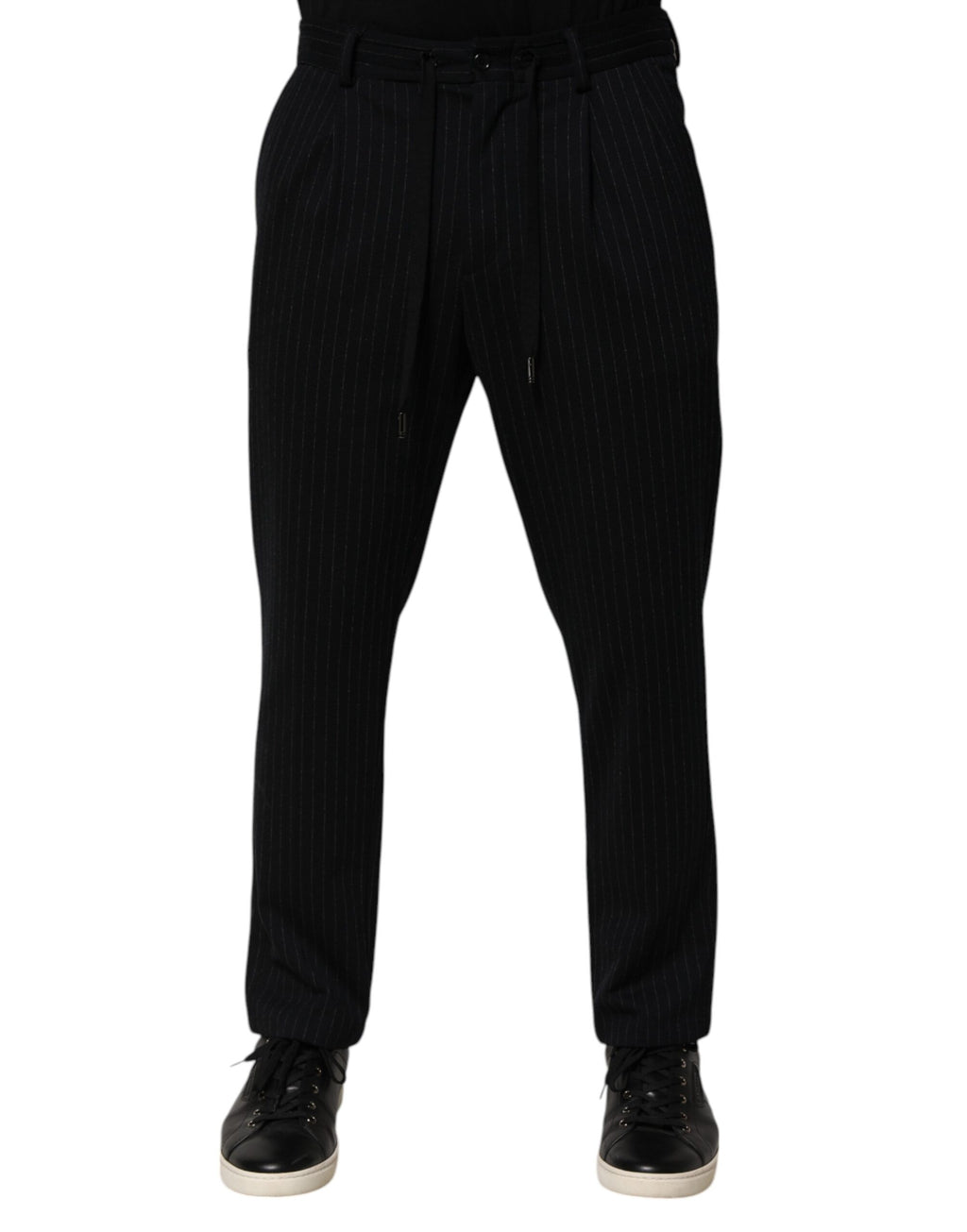 Pantalon skinny noir à rayures en viscose de la marque Dolce & Gabbana, pour hommes, visible en détail dans l'image.
