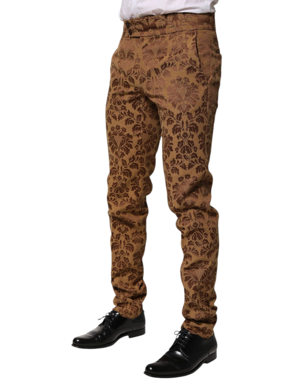 Pantalon homme skinny Dolce & Gabbana en jacquard floral marron, style élégant et sophistiqué, visible en détail.