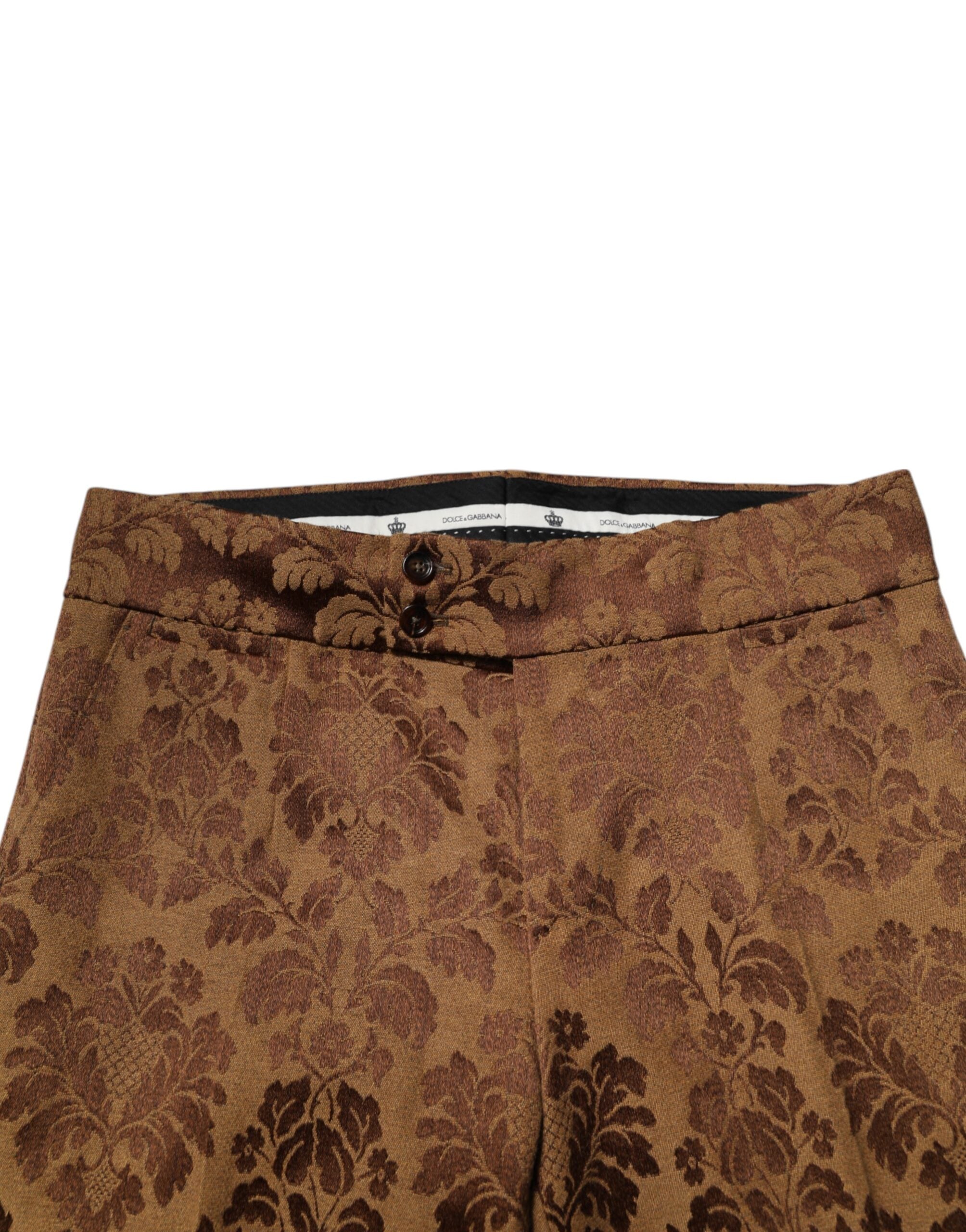 Pantalon homme Dolce & Gabbana en jacquard floral marron, coupe skinny, look élégant et moderne.
