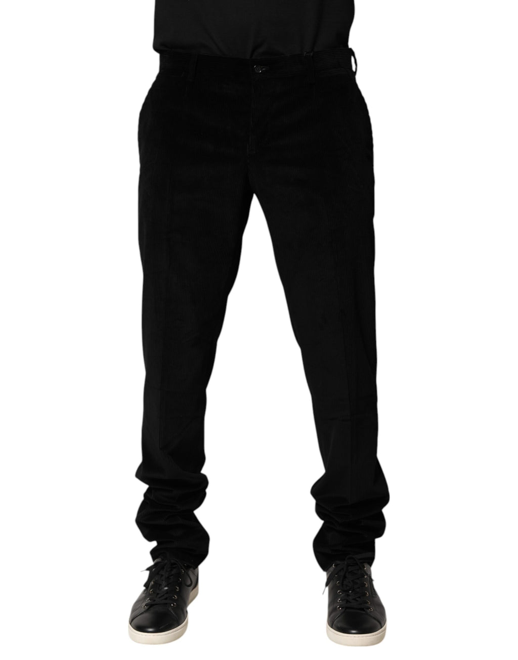 Pantalon homme Dolce & Gabbana en coton noir, pantalon de costume formel, vue de face sur un fond blanc.
