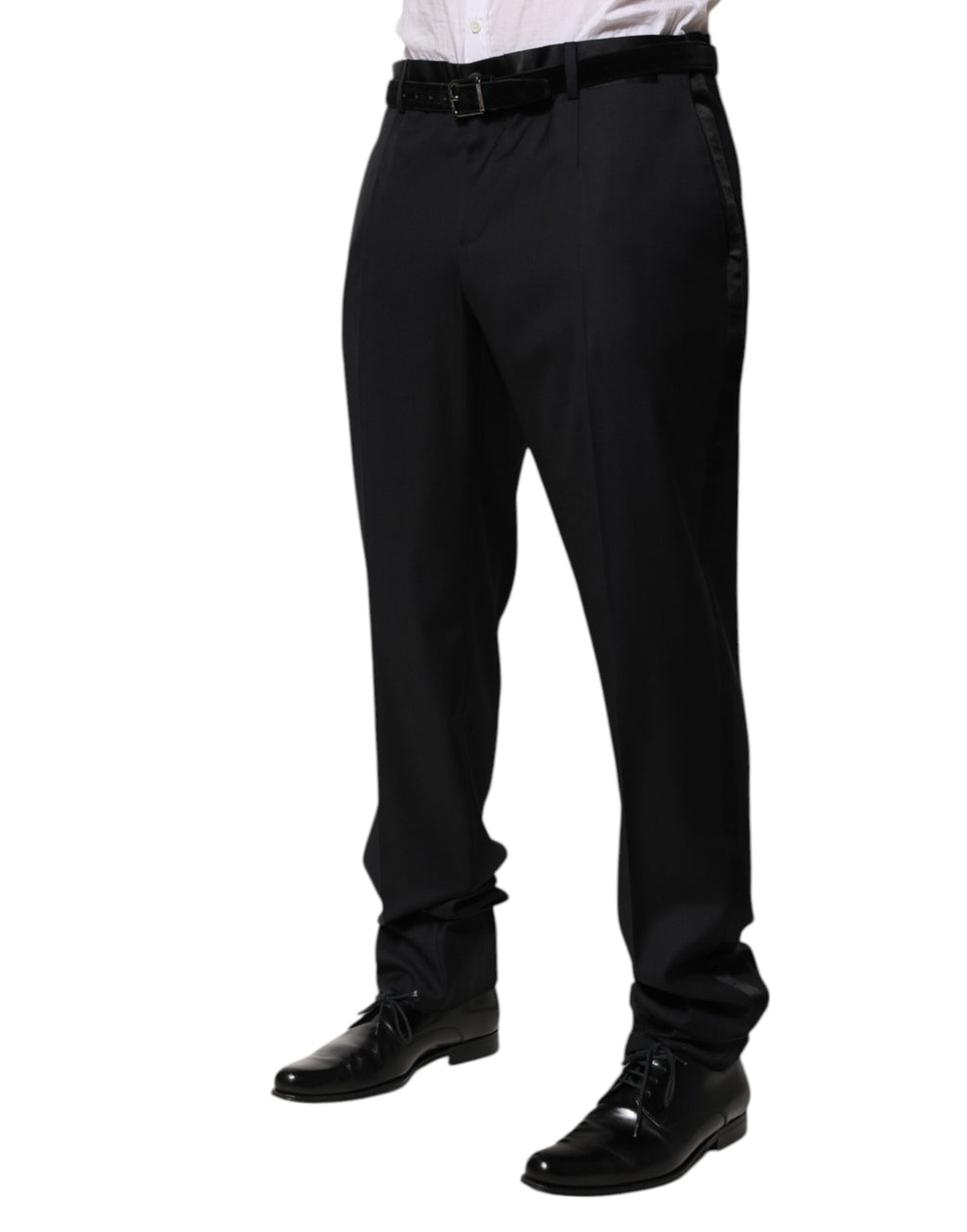 Pantalon homme Dolce & Gabbana en laine noire pour costume formel, style élégant et classique, visible en gros plan.