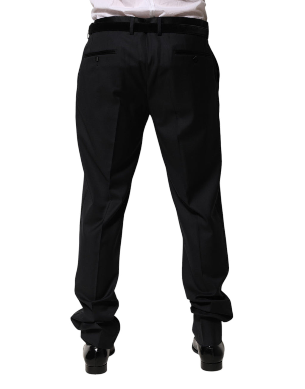 Pantalon homme Dolce & Gabbana en laine noire, pantalon de costume formel élégant, vue de face sur fond blanc.