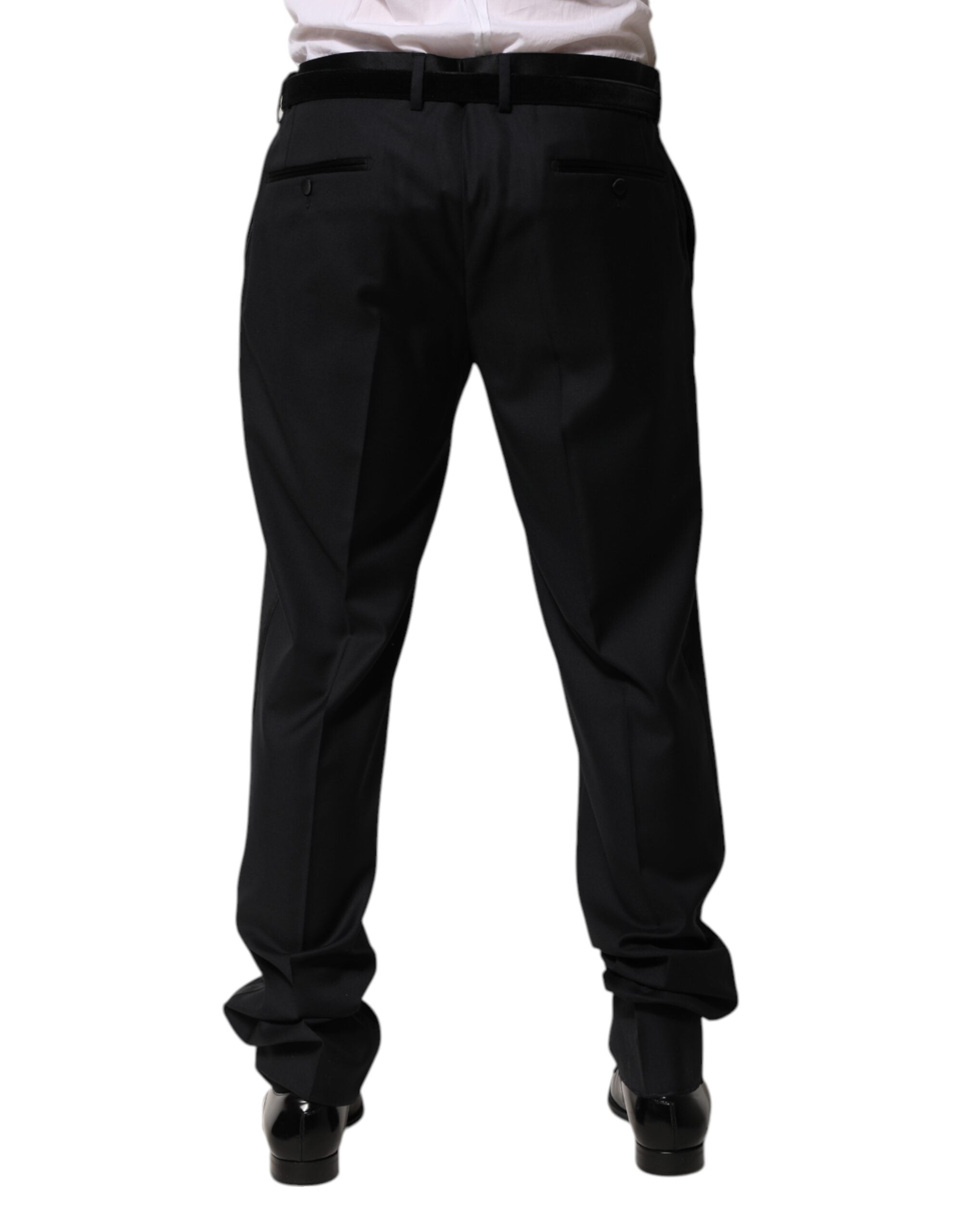 Pantalon homme Dolce & Gabbana en laine noire, pantalon de costume formel élégant, vue de face sur fond blanc.