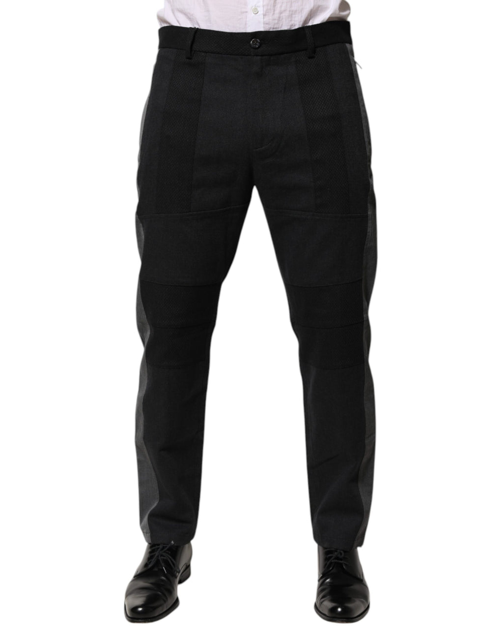 Pantalon formel Dolce & Gabbana en coton noir et gris, style pantalon de costume avec coupe élégante et détails raffinés.