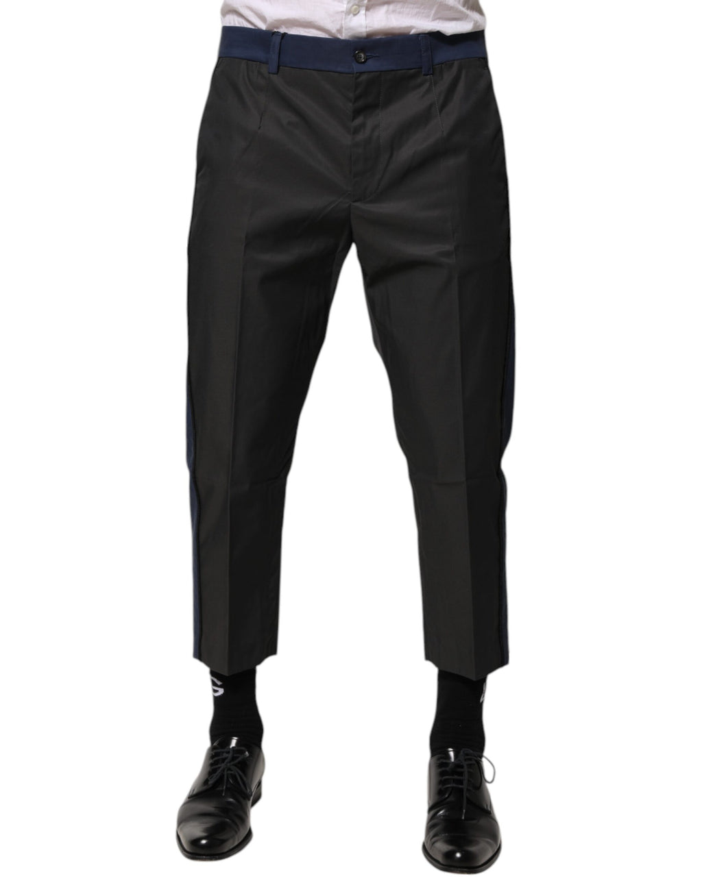 Pantalon chino Dolce & Gabbana en coton gris et bleu, coupe 3/4, style crop, pantalon décontracté pour homme.