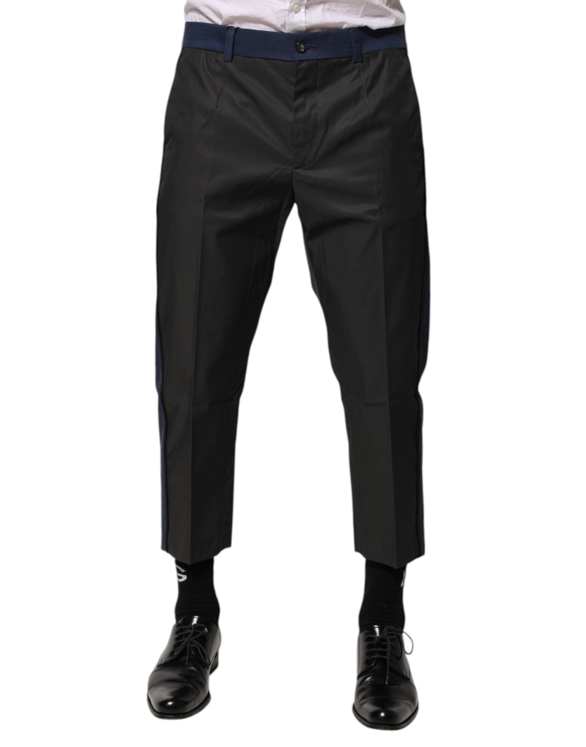 Pantalon chino Dolce & Gabbana en coton gris et bleu, coupe 3/4, style crop, pantalon décontracté pour homme.