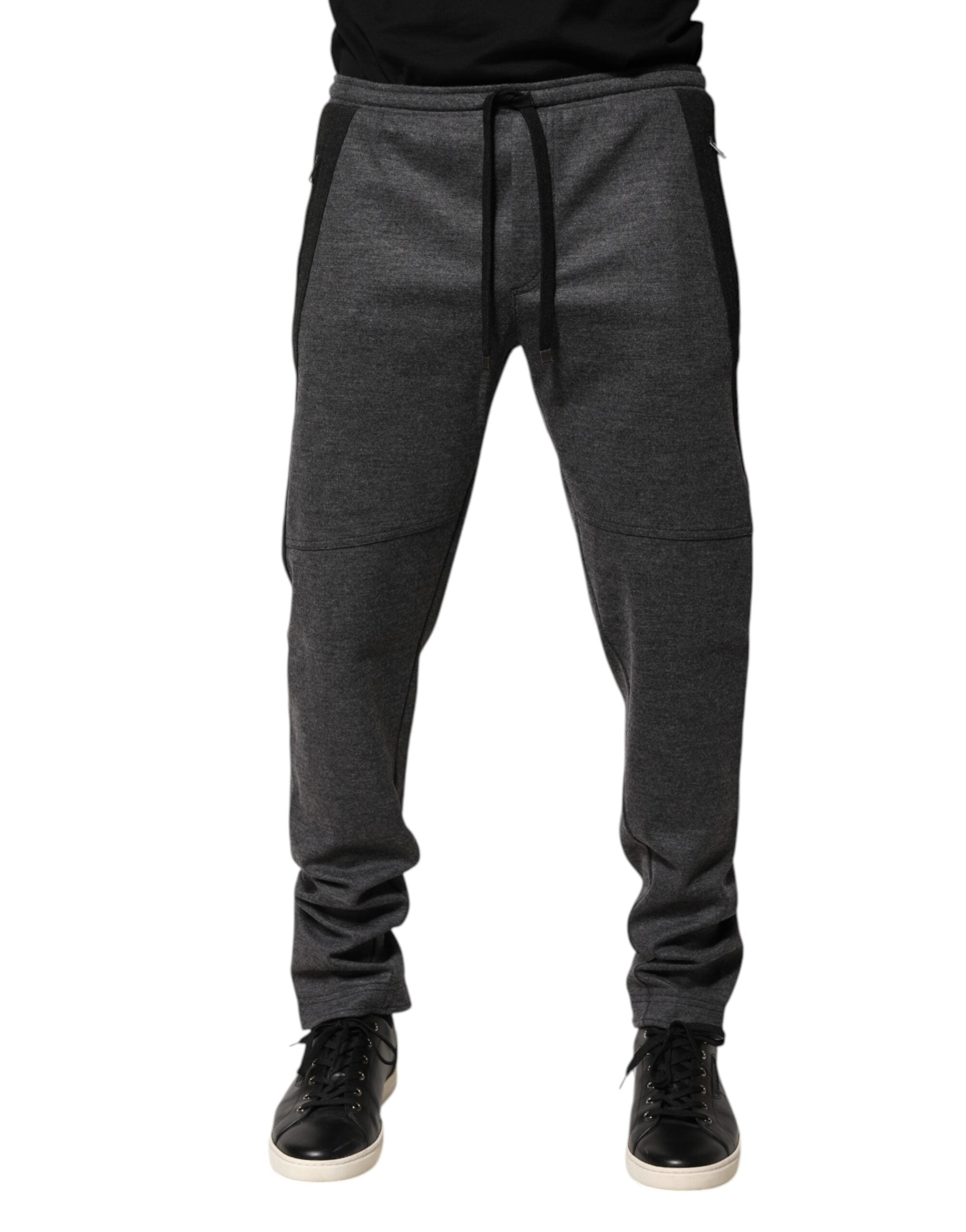 Pantalon jogger en laine mélangée gris et noir de Dolce & Gabbana, style décontracté avec poches et taille élastique.