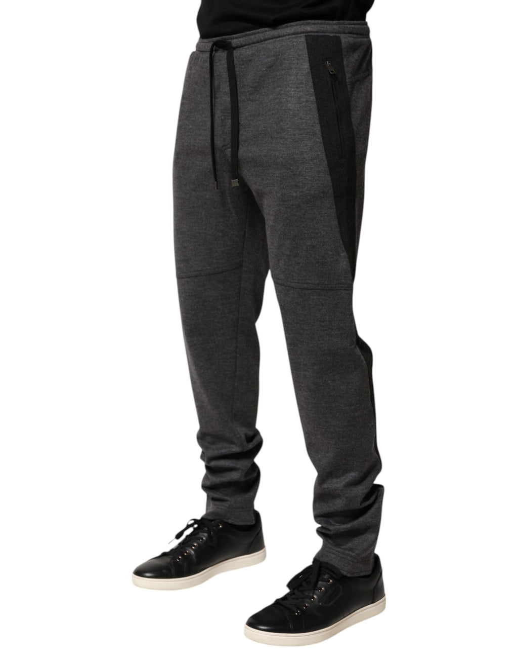 Pantalons de jogging Dolce & Gabbana en mélange de laine gris et noir, style décontracté et confortable, vue de face.