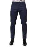 Pantalon homme Dolce & Gabbana en coton bleu, coupe tapered, pantalon de costume formel élégant, détails visibles sur l'image.