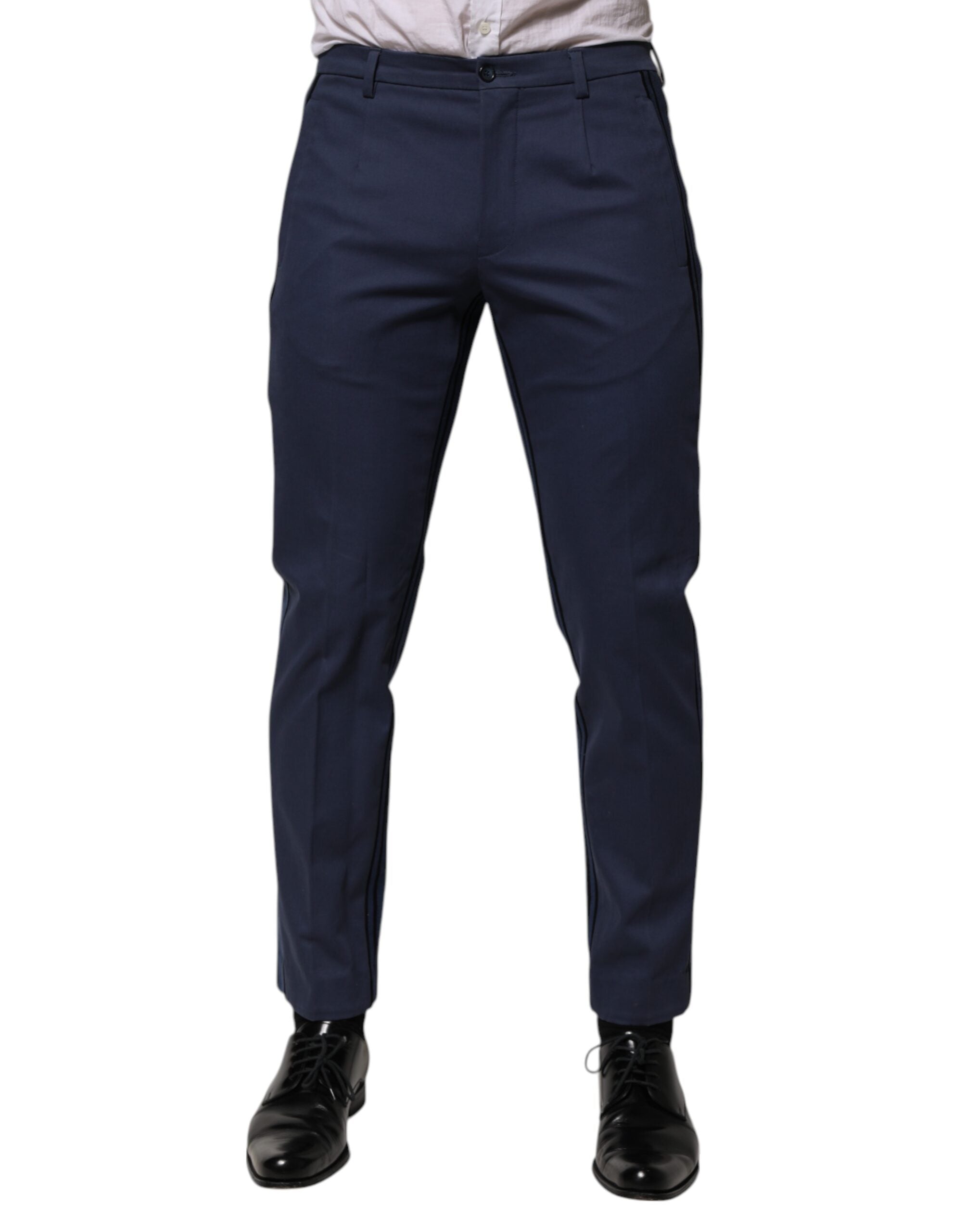 Pantalon homme Dolce & Gabbana en coton bleu, coupe tapered, pantalon de costume formel élégant, détails visibles sur l'image.