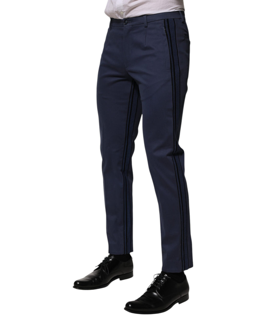 Pantalons formels pour hommes Dolce & Gabbana en coton bleu, coupe tapered, style élégant et moderne.