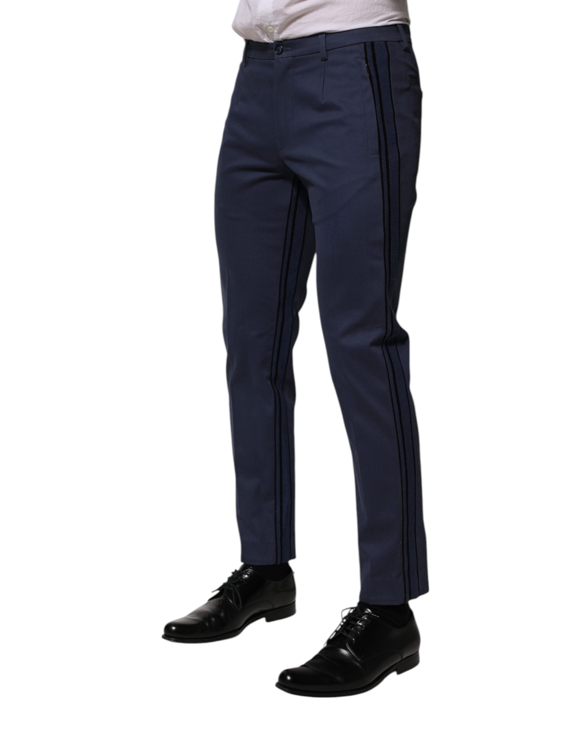 Pantalons formels pour hommes Dolce & Gabbana en coton bleu, coupe tapered, style élégant et moderne.