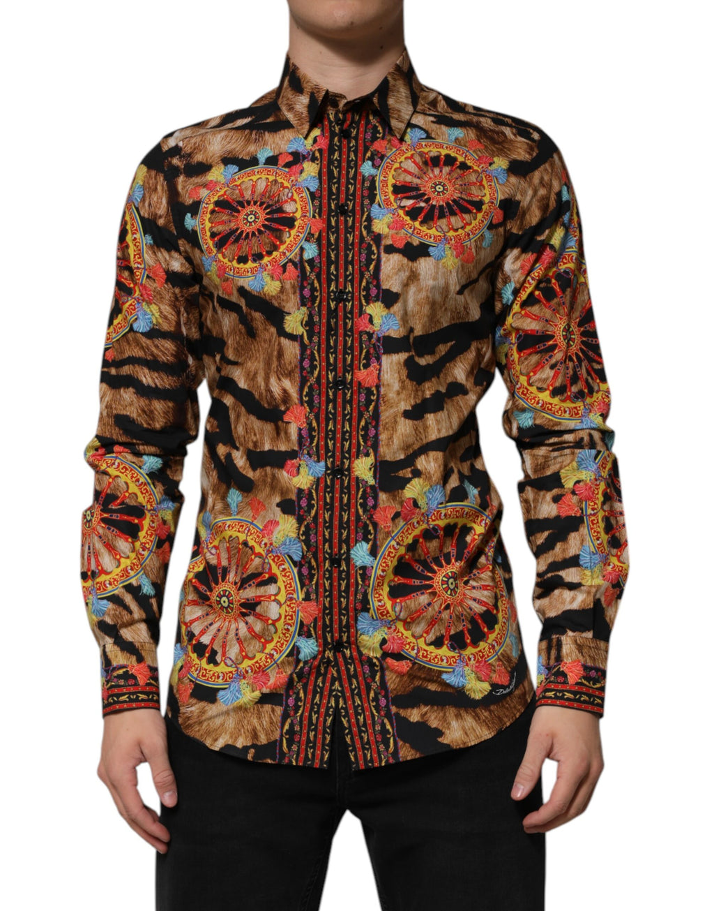 Chemise à manches longues Dolce & Gabbana en coton orné d’un motif tigre Carretto doré.