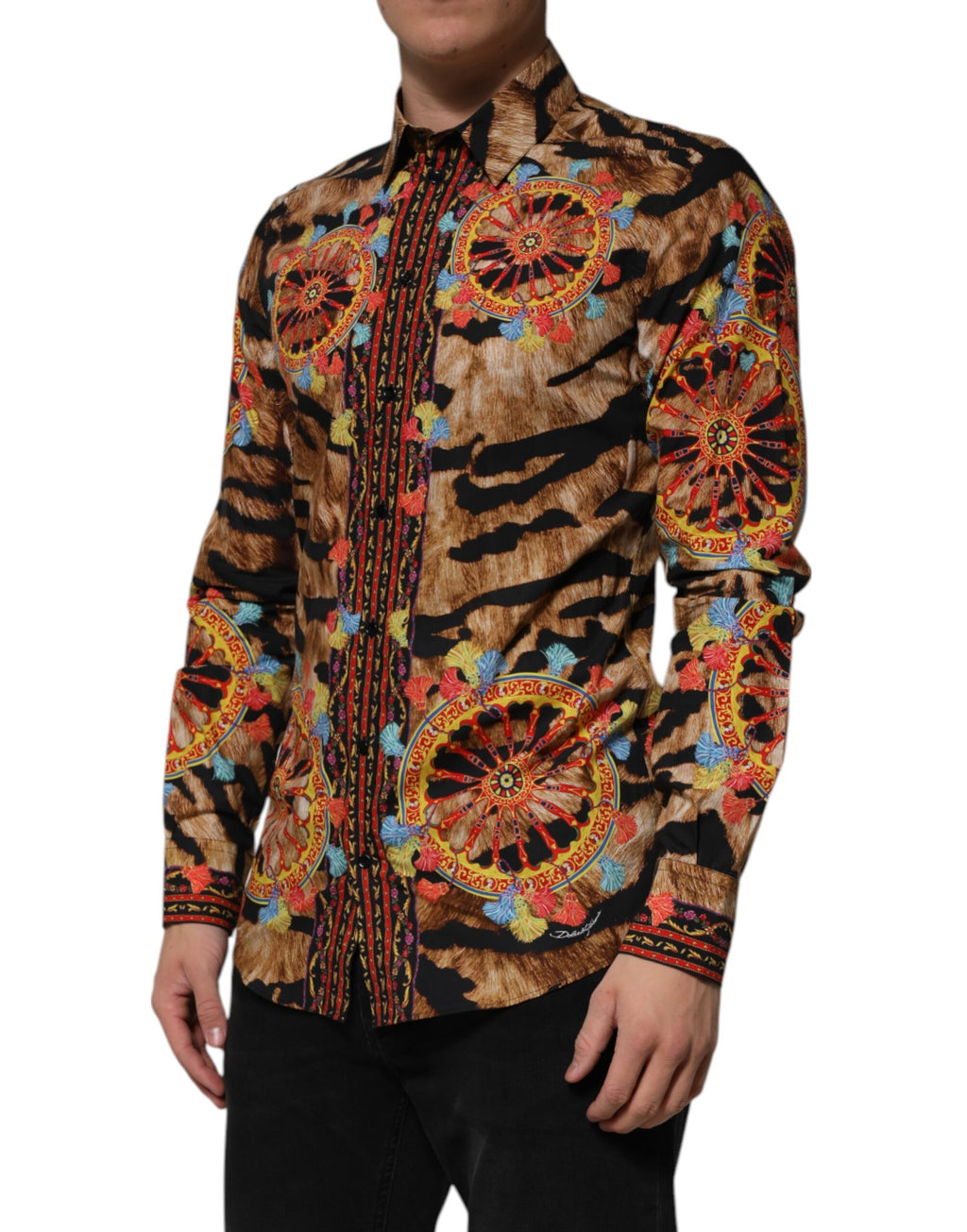 Chemise à manches longues Dolce & Gabbana en coton avec motif tigre doré et design Carretto, style élégant et sophistiqué.