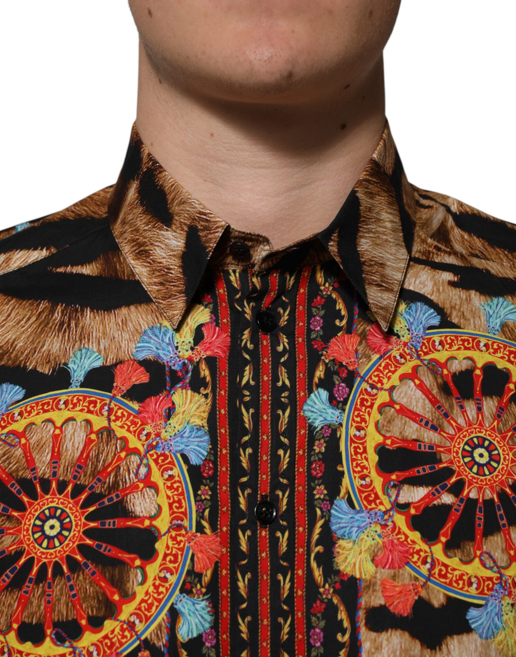 Chemise à manches longues Dolce & Gabbana en coton orné d’un motif tigre Carretto doré.