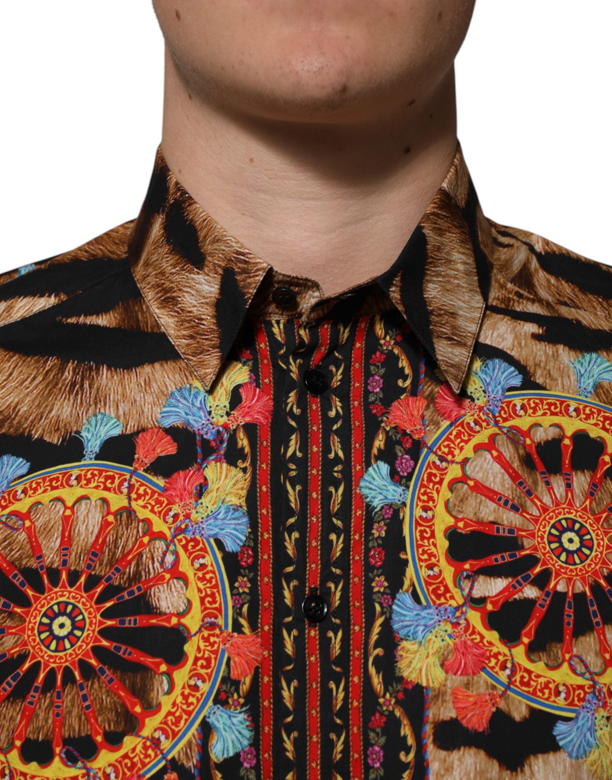 Chemise à manches longues Dolce & Gabbana en coton orné d’un motif tigre Carretto doré.