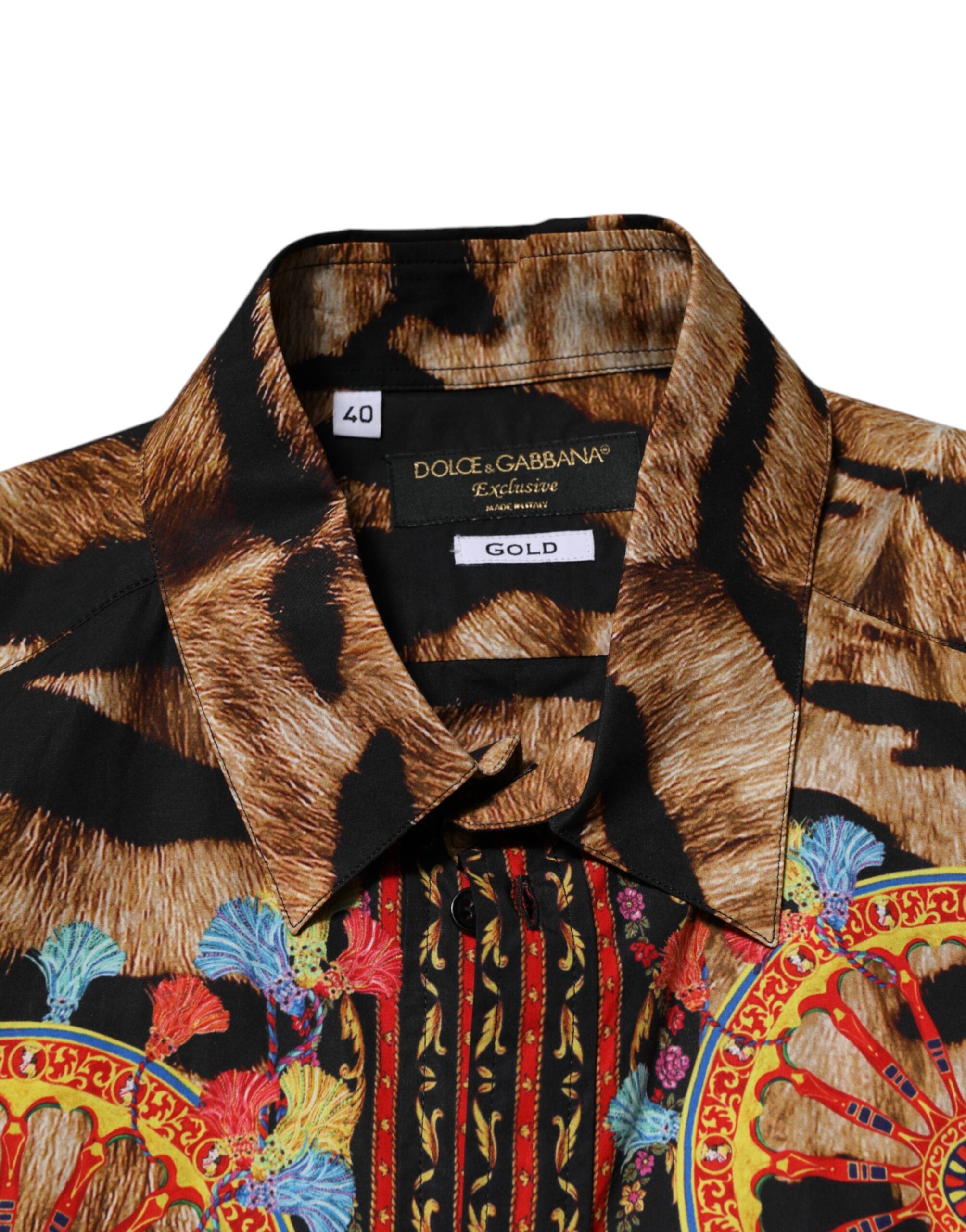 Chemise à manches longues Dolce & Gabbana en coton orné d’un motif tigre et Carretto, style élégant et sophistiqué.