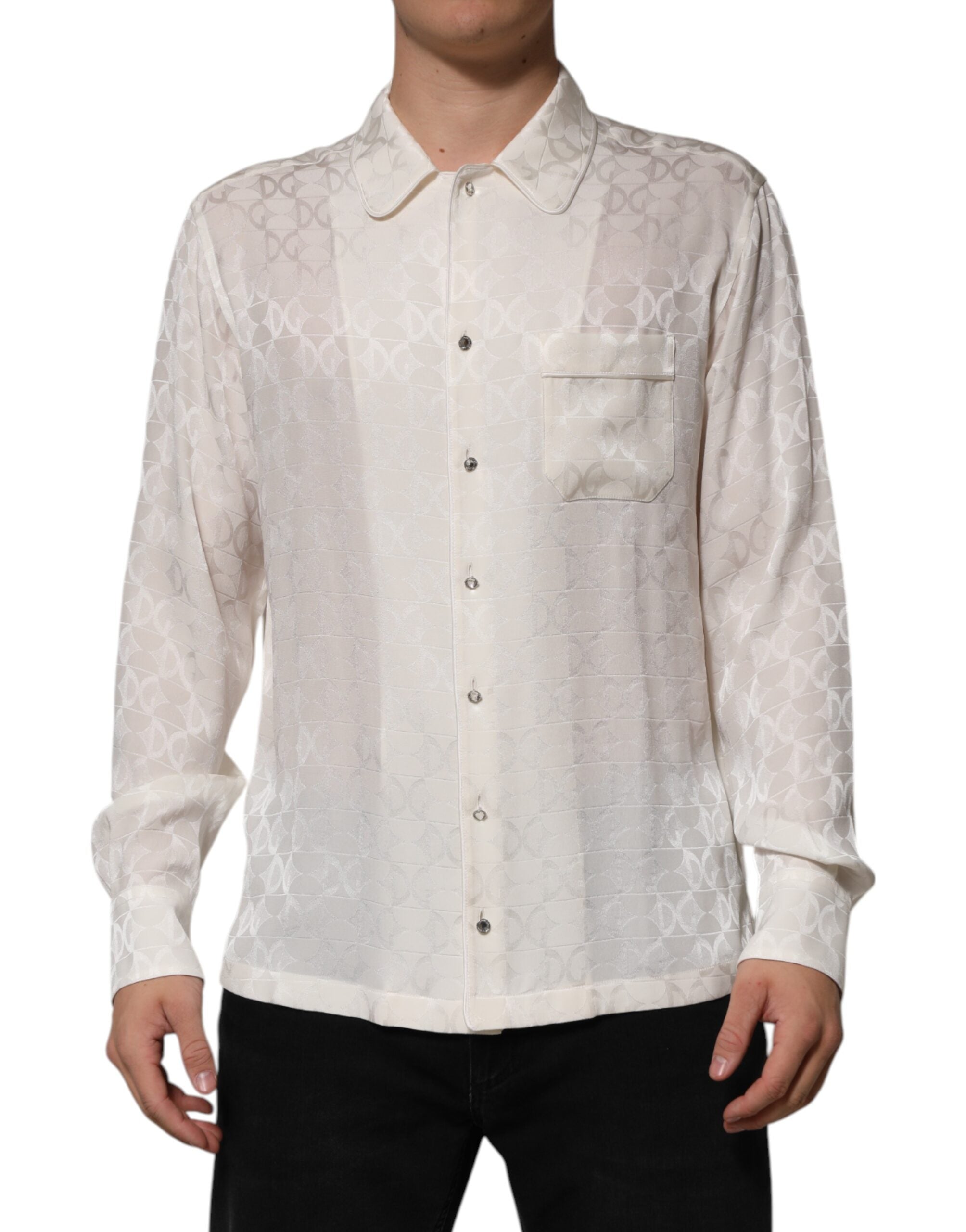 Chemise en soie blanche Dolce & Gabbana avec logo DG, manches longues et imprimé élégant.