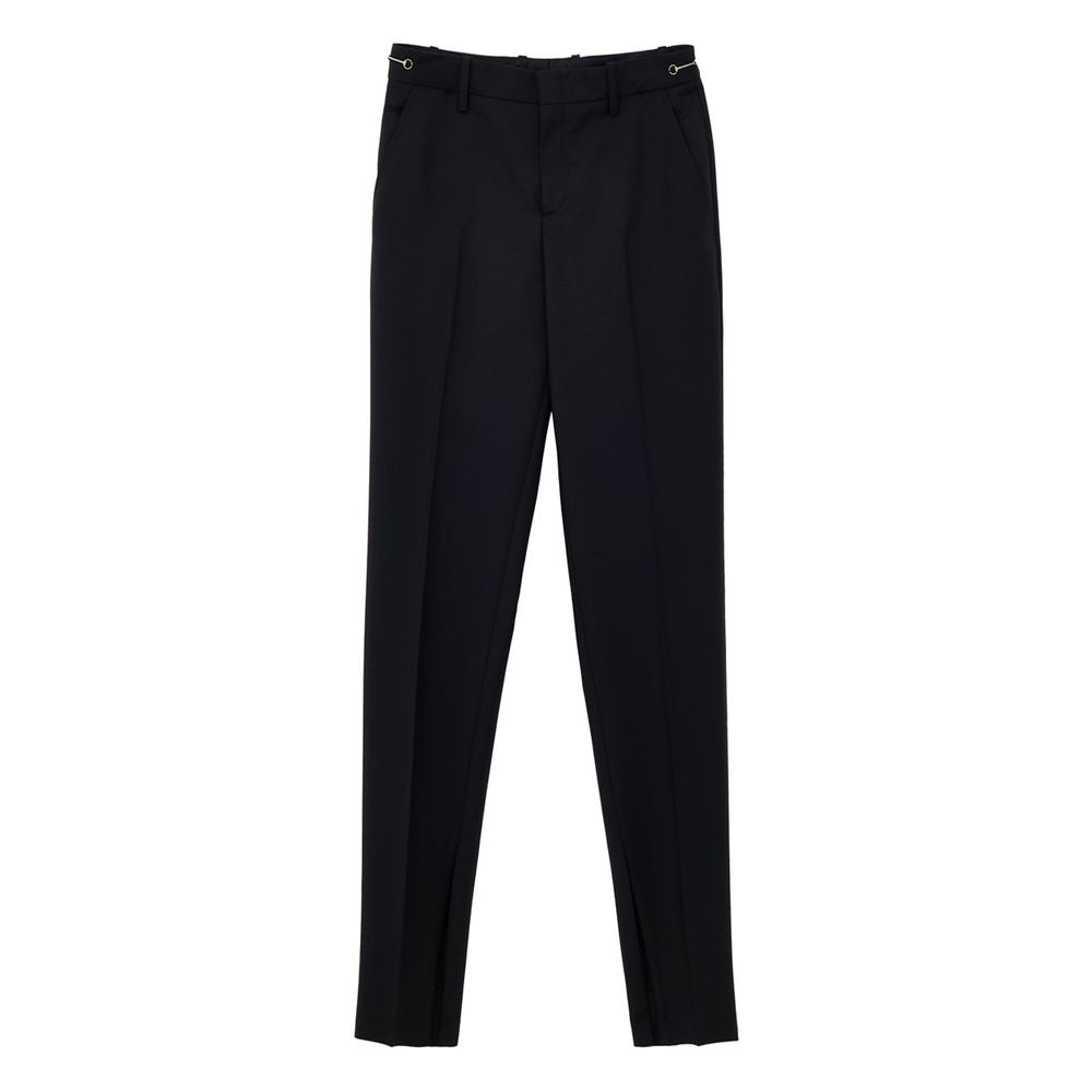 Pantalon en laine noire Gucci pour femme, coupe élégante et sophistiquée, avec détails classiques.