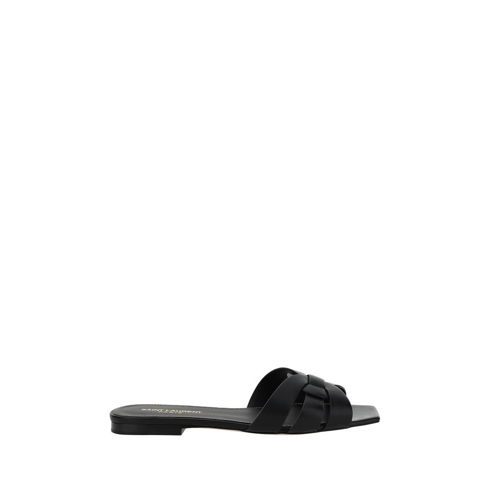 Sandales à talons en cuir de veau noir Saint Laurent Bos Taurus avec bride épaisse et semelle en cuir.