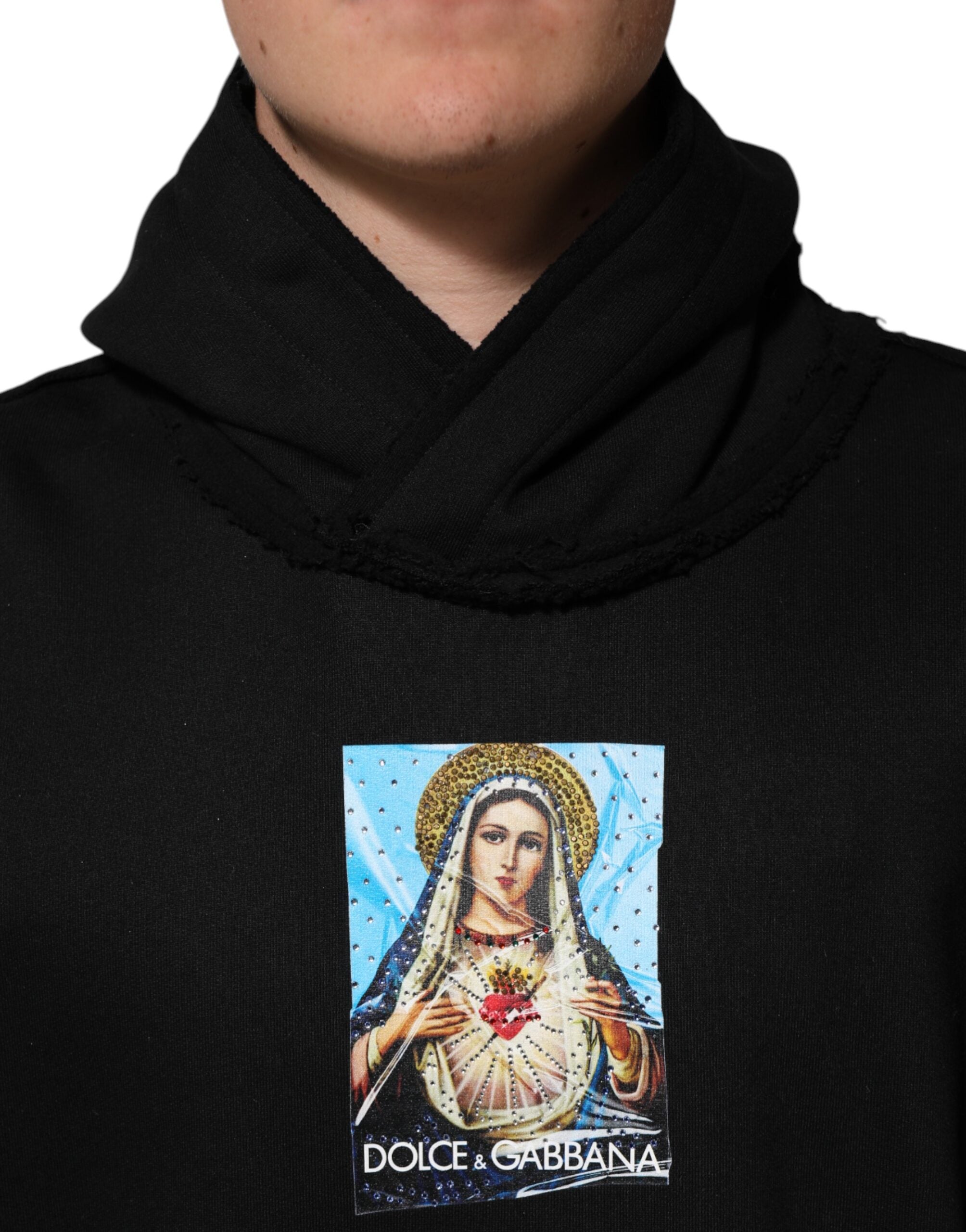 Sweat à capuche noir imprimé Dolce & Gabbana avec cristaux ornant la veste, style élégant et détails scintillants.