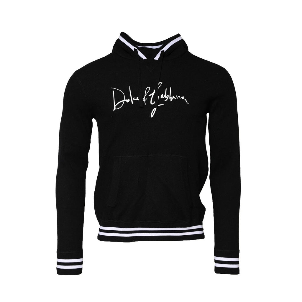 Sweat-shirt noir à capuche Dolce & Gabbana avec logo imprimé, en coton, porté sur mannequin, vue de face.