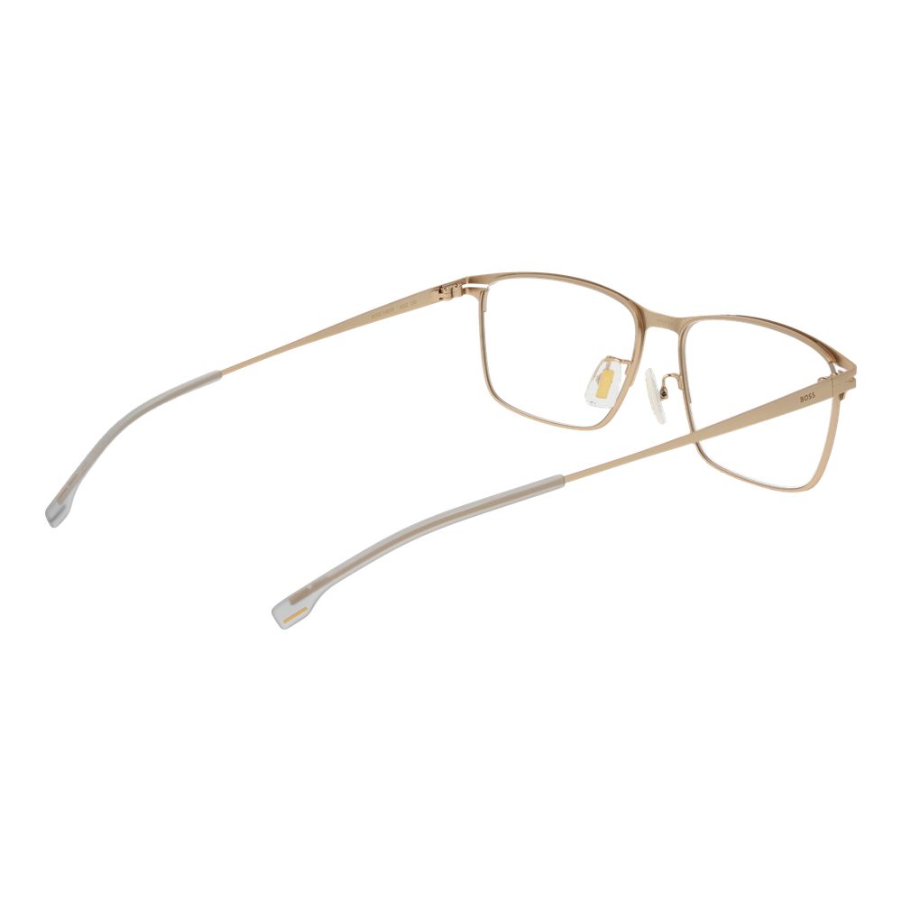Monture de lunettes en métal doré de la marque Hugo Boss, avec verres transparents élégants.
