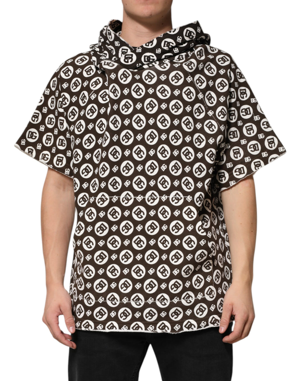 Sweat à capuche court Dolce & Gabbana en marron et blanc avec logo DG, pull décontracté en coton.