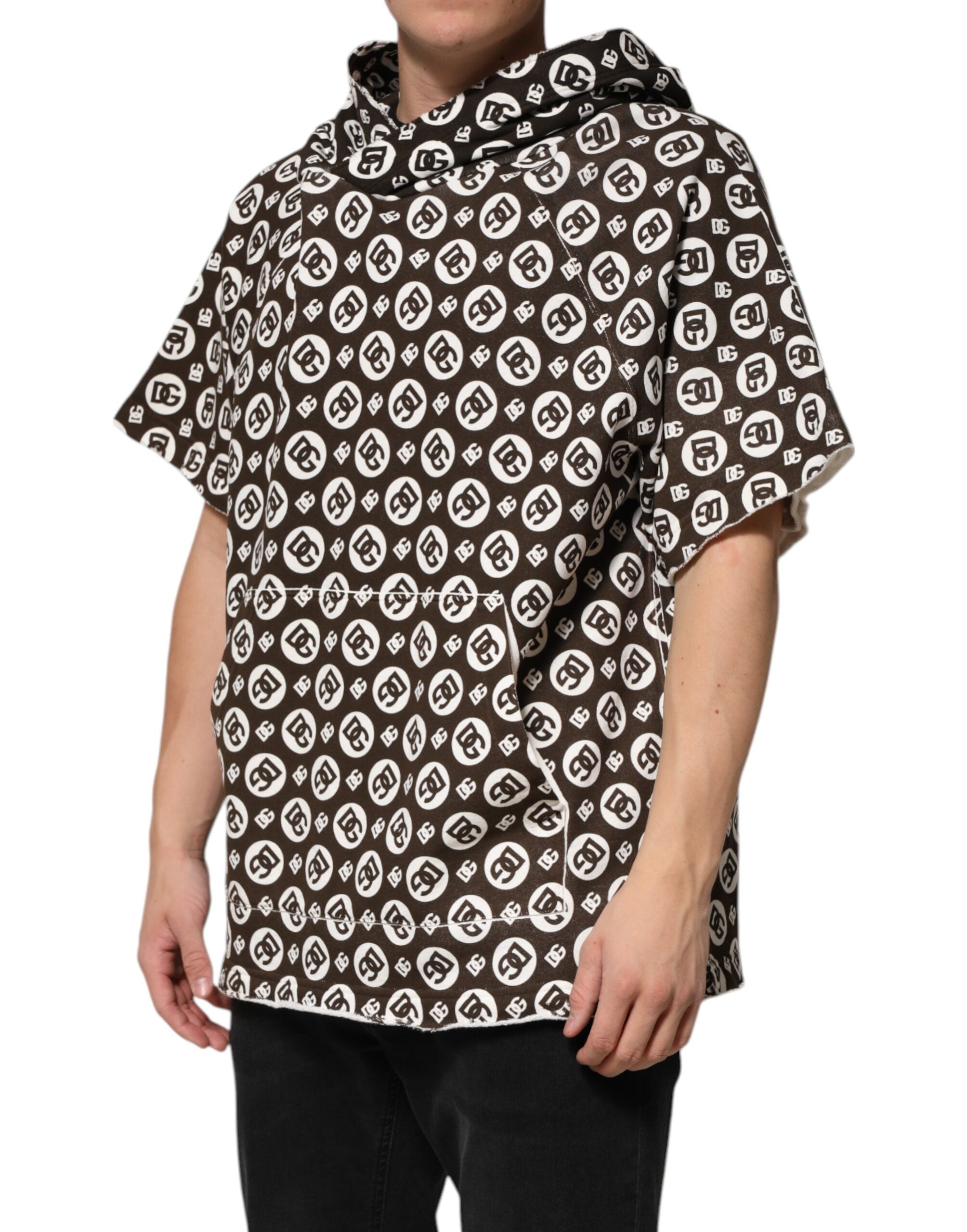 Sweat à capuche court Dolce & Gabbana avec logo DG marron et blanc, motif élégant et décontracté.