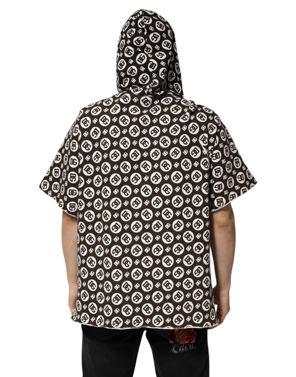 Sweat à capuche court Dolce & Gabbana en marron et blanc avec logo DG, pull décontracté en coton.