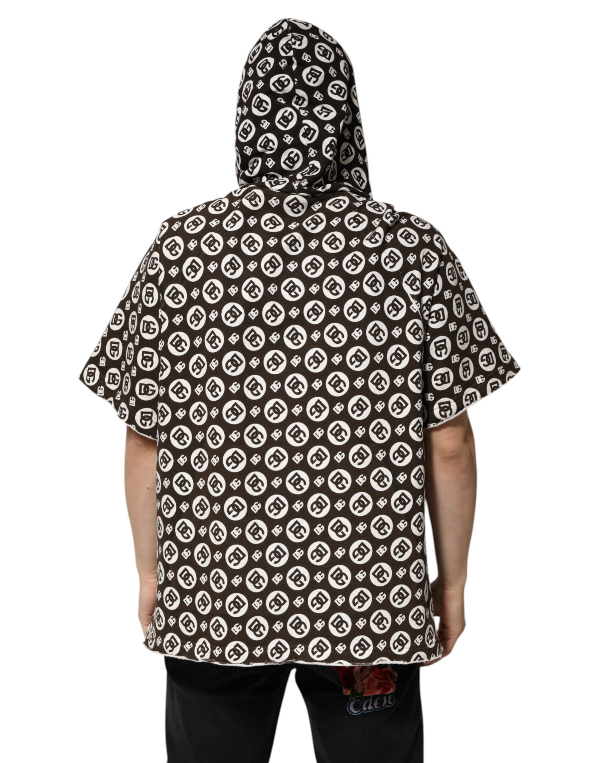 Sweat à capuche court Dolce & Gabbana en marron et blanc avec logo DG, pull décontracté en coton.