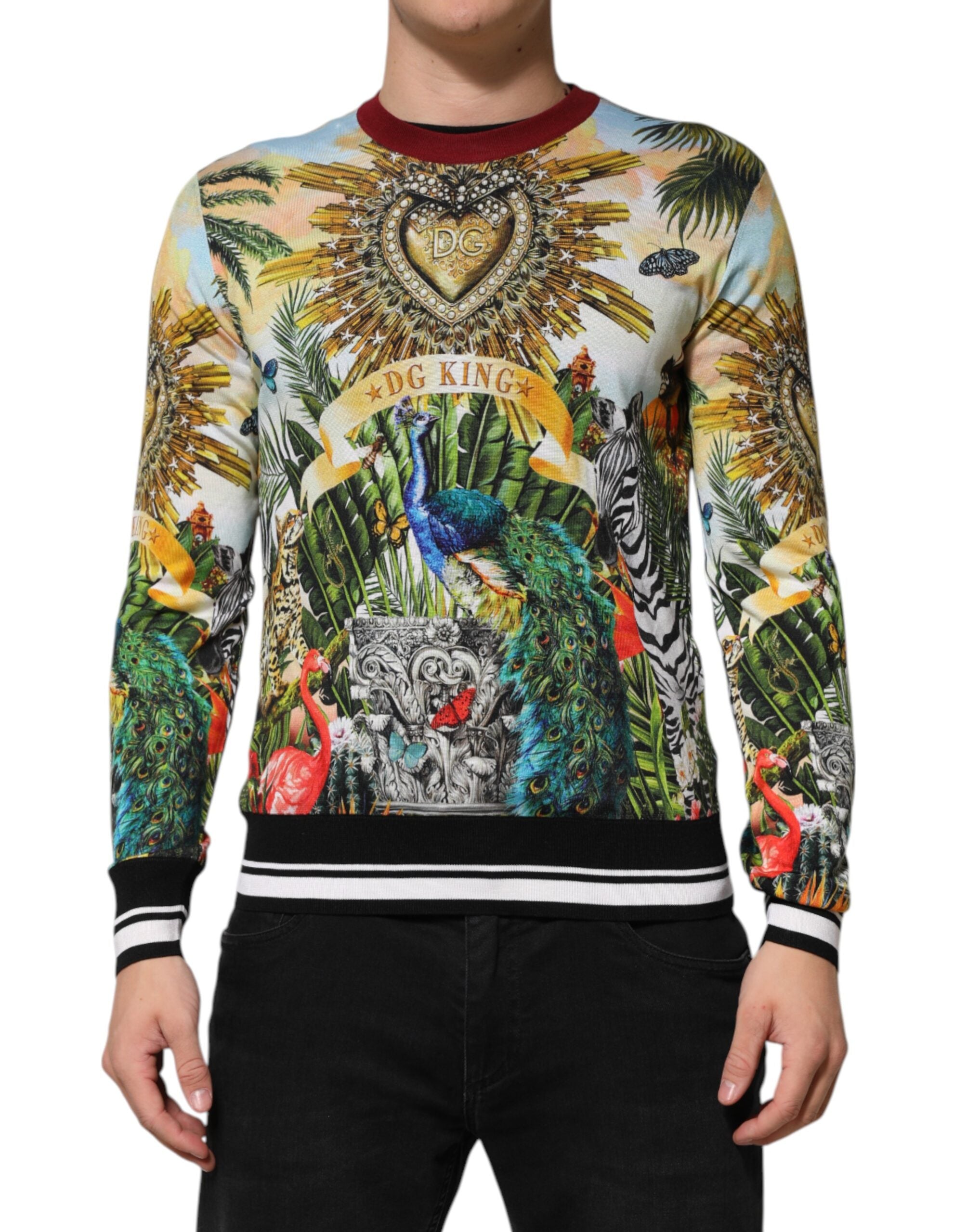 Pull en soie Dolce & Gabbana Tropical Heart Crown, motif cœur tropical, pull-over élégant avec détails sophistiqués.