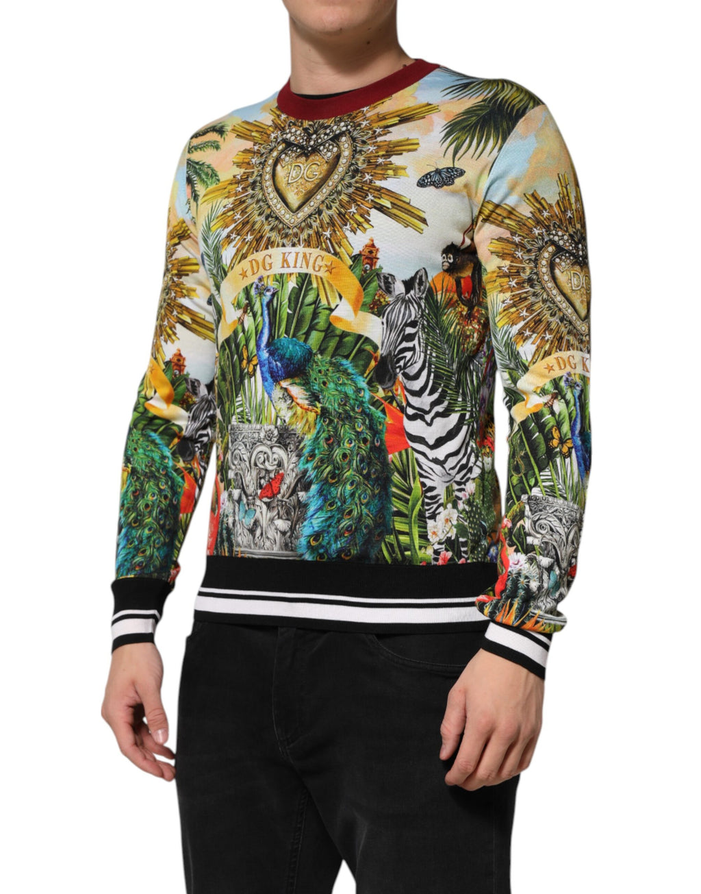 Pull en soie Dolce & Gabbana Tropical Heart Crown, pull-over à motif floral et cœur tropical, doux et élégant.