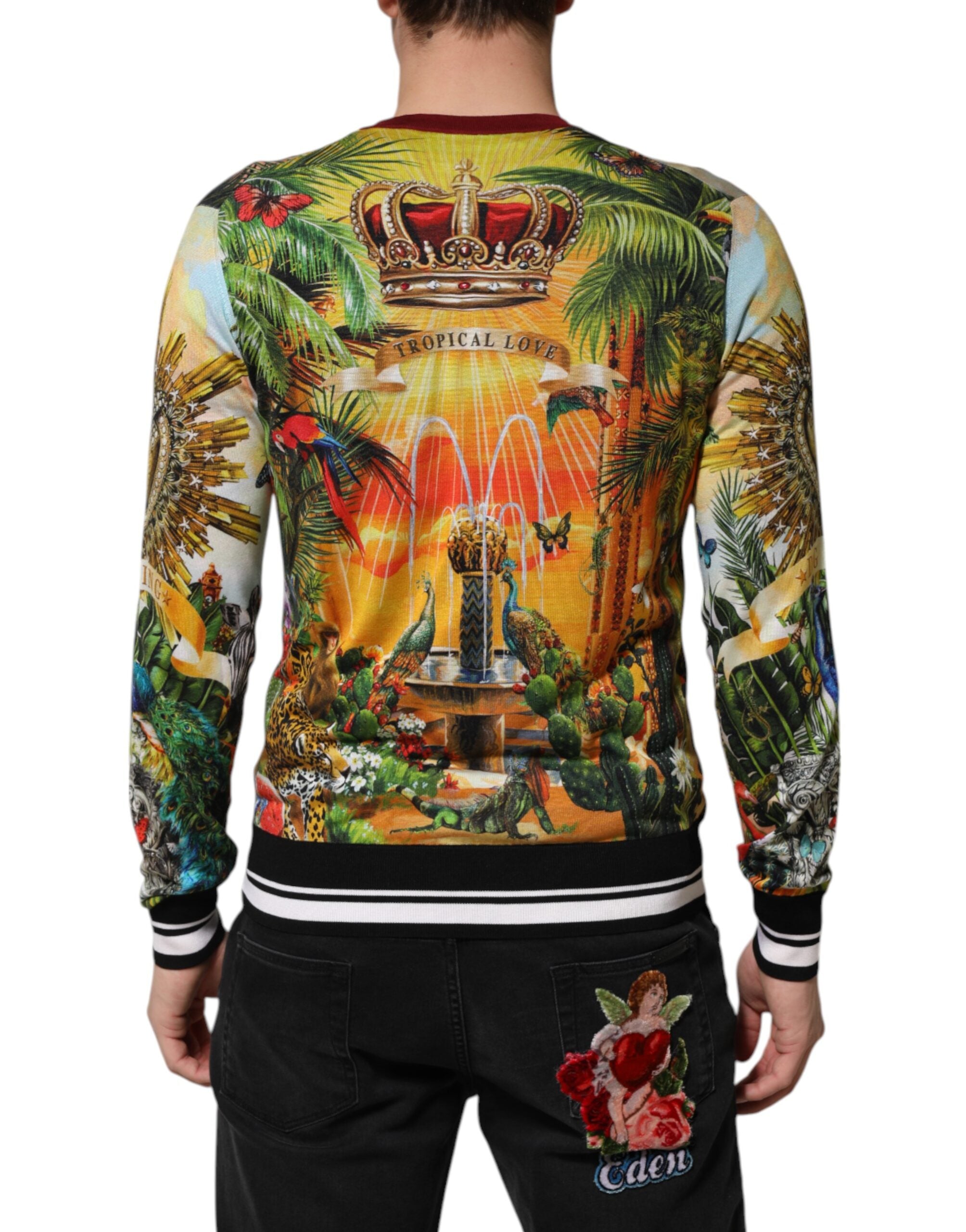 Pull en soie Dolce & Gabbana Tropical Heart Crown, motif cœur et couronne, doux et élégant, couleur vive.