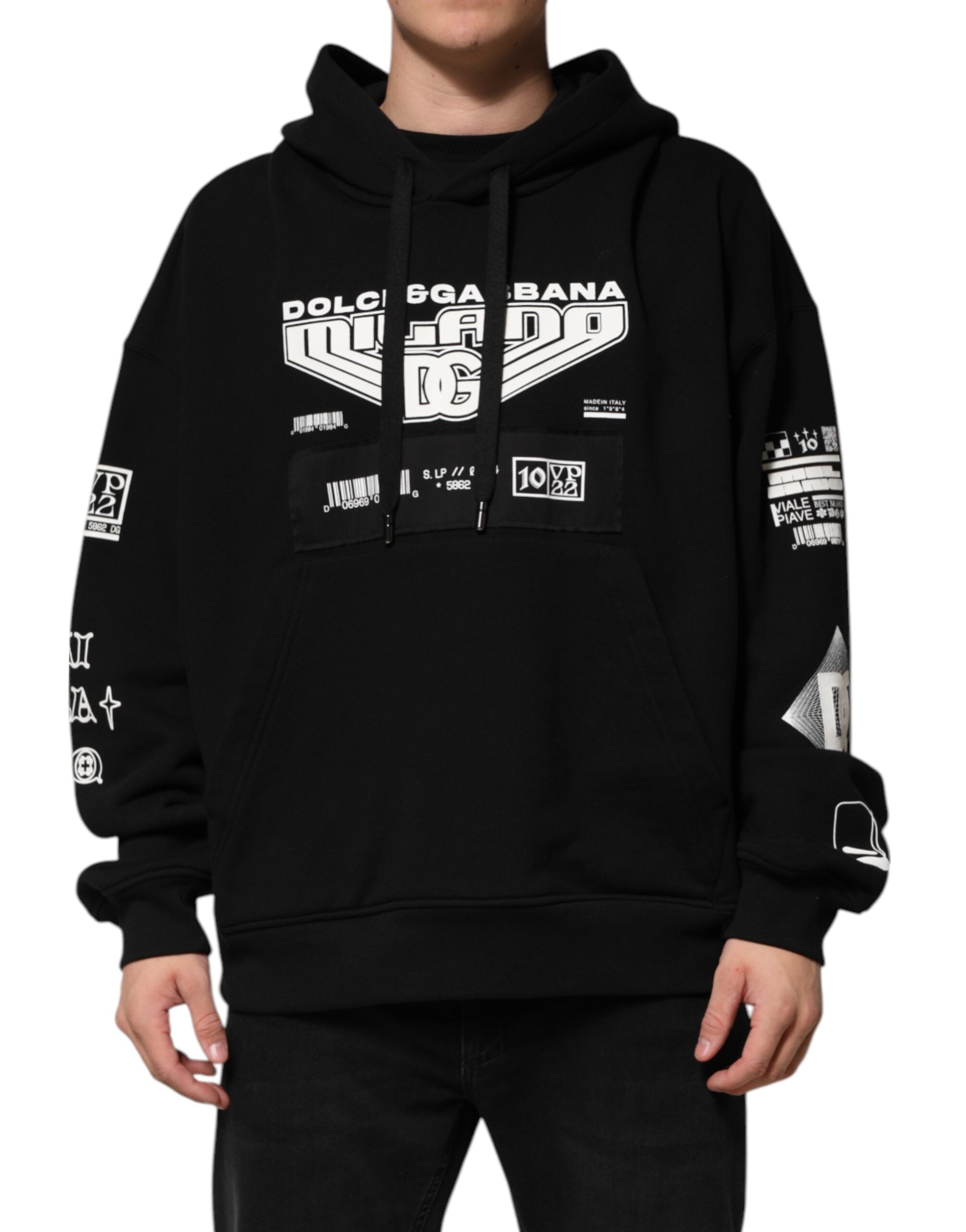 Sweat à capuche noir Dolce & Gabbana en coton avec logo DG Milano imprimé, vue de face, style décontracté et moderne.