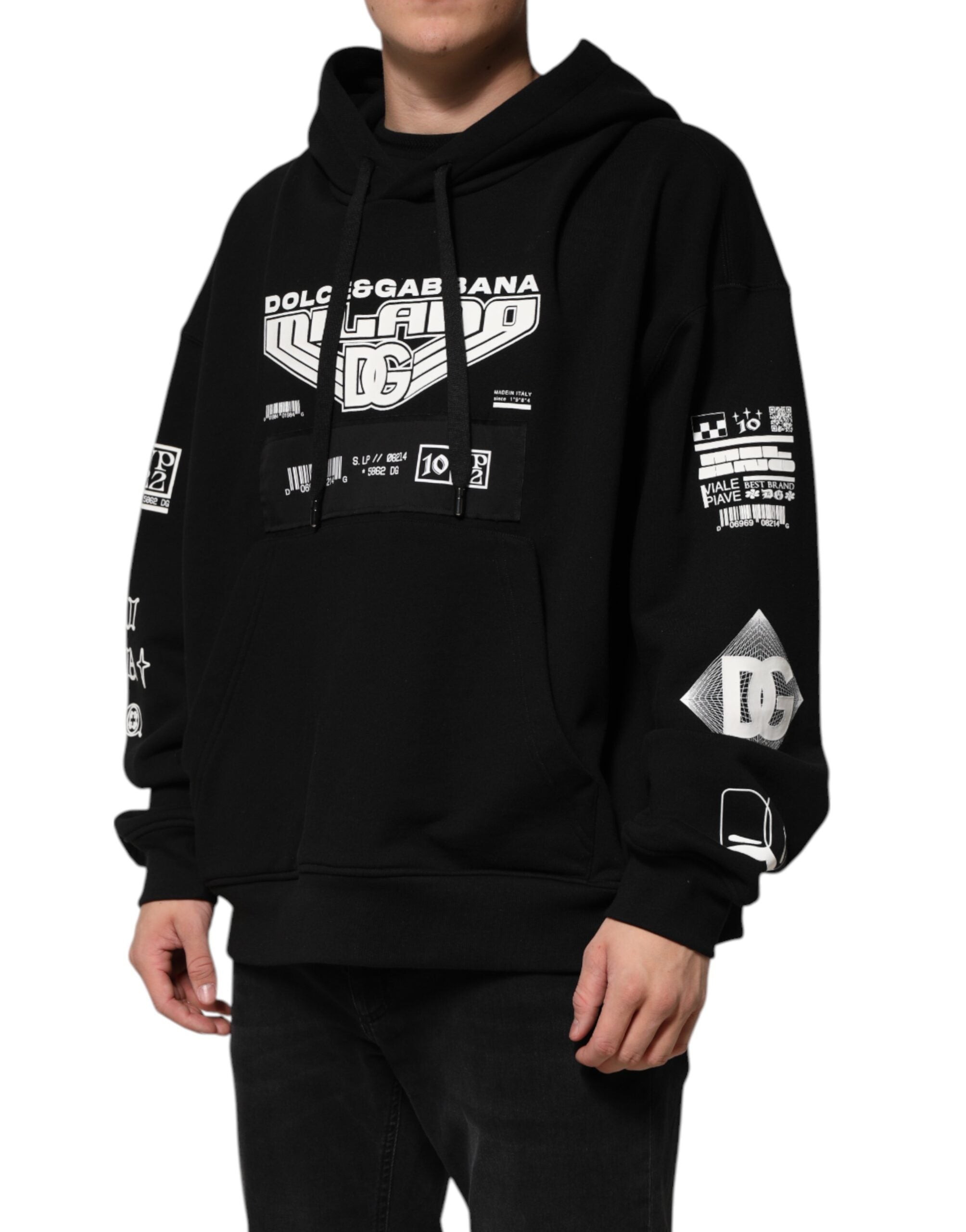 Sweat à capuche en coton noir Dolce & Gabbana DG Milano avec logo imprimé, style décontracté et moderne.