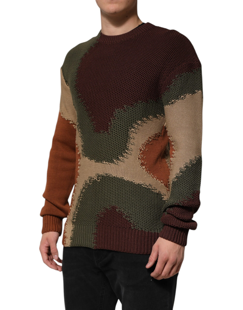Pull à manches longues Dolce & Gabbana en coton multicolore avec motif abstrait pour homme, style moderne et élégant.