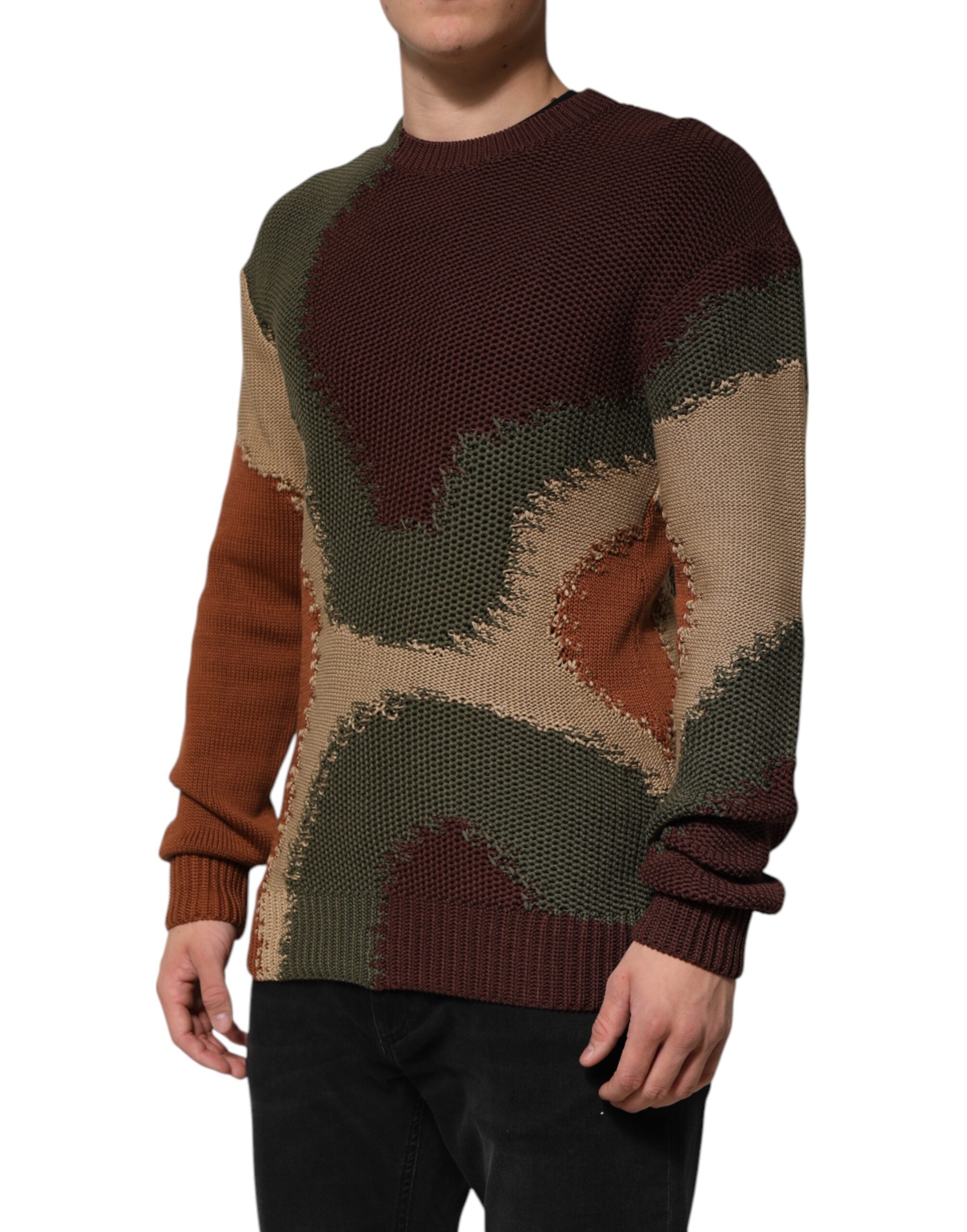 Pull à manches longues Dolce & Gabbana en coton multicolore avec motif abstrait pour homme, style moderne et élégant.