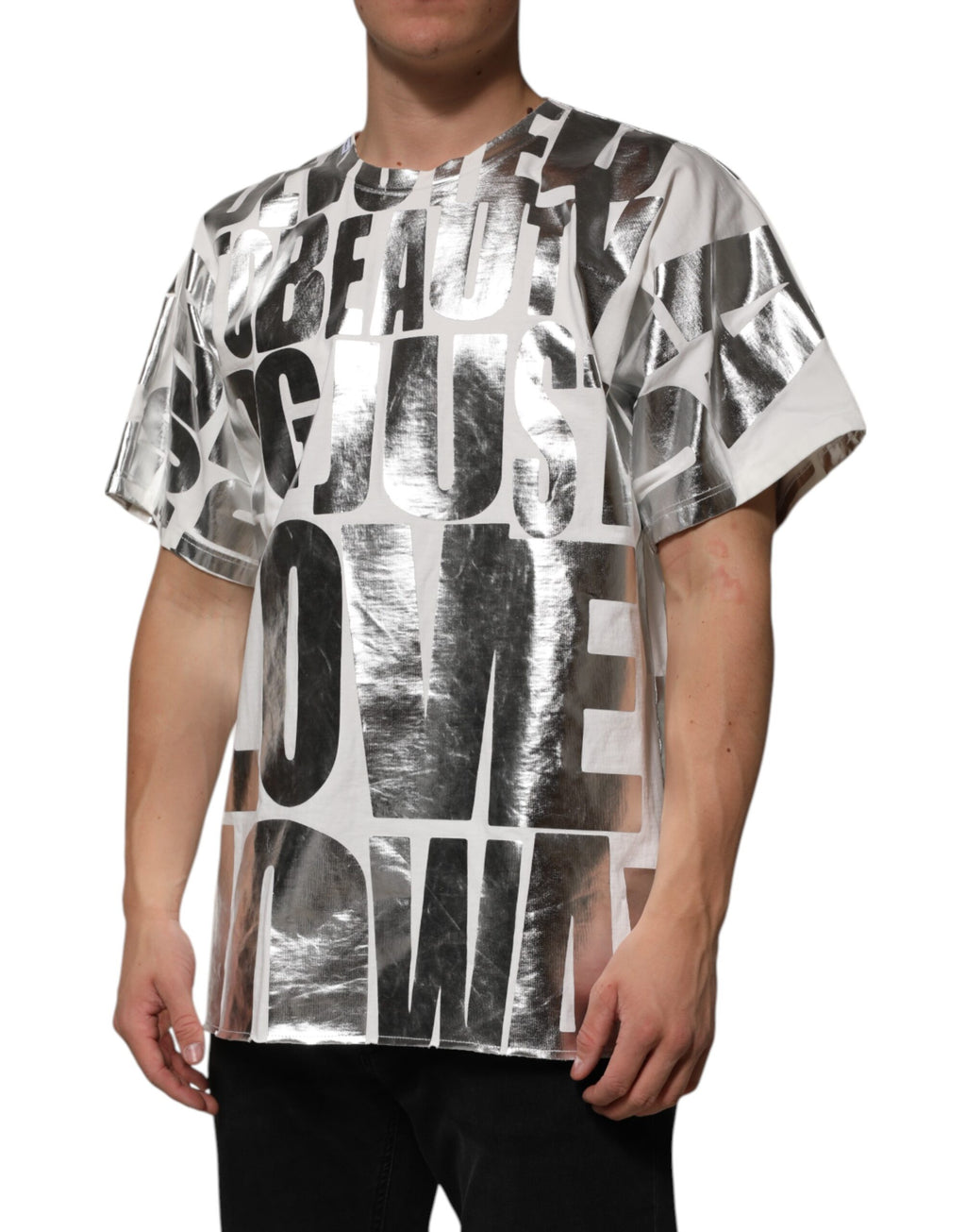 T-shirt blanc en coton Dolce & Gabbana avec slogan imprimé argent métallique, style casual et mode élégante.